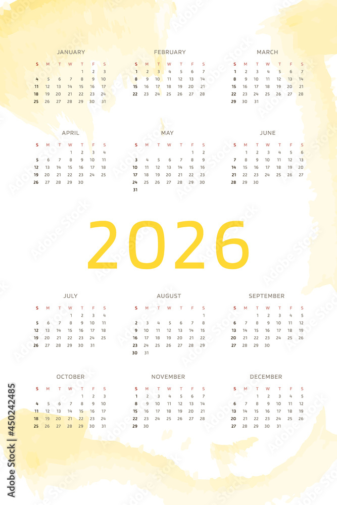  2026 calendar on warm yellow hand drawn background with watercolor Illustration 