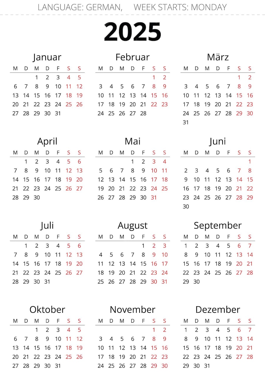  2025 vertical german calendar Printable vector Bildidee 