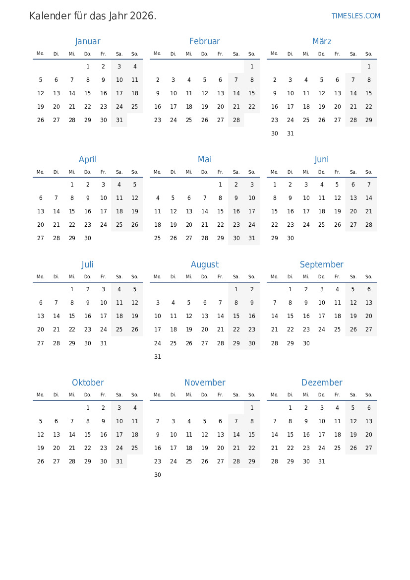 Jahresübersicht 2026 Mit Feiertagen Kalender 2026 Zum Ausdrucken Als Pdf (20 Vorlagen, Kostenlos)