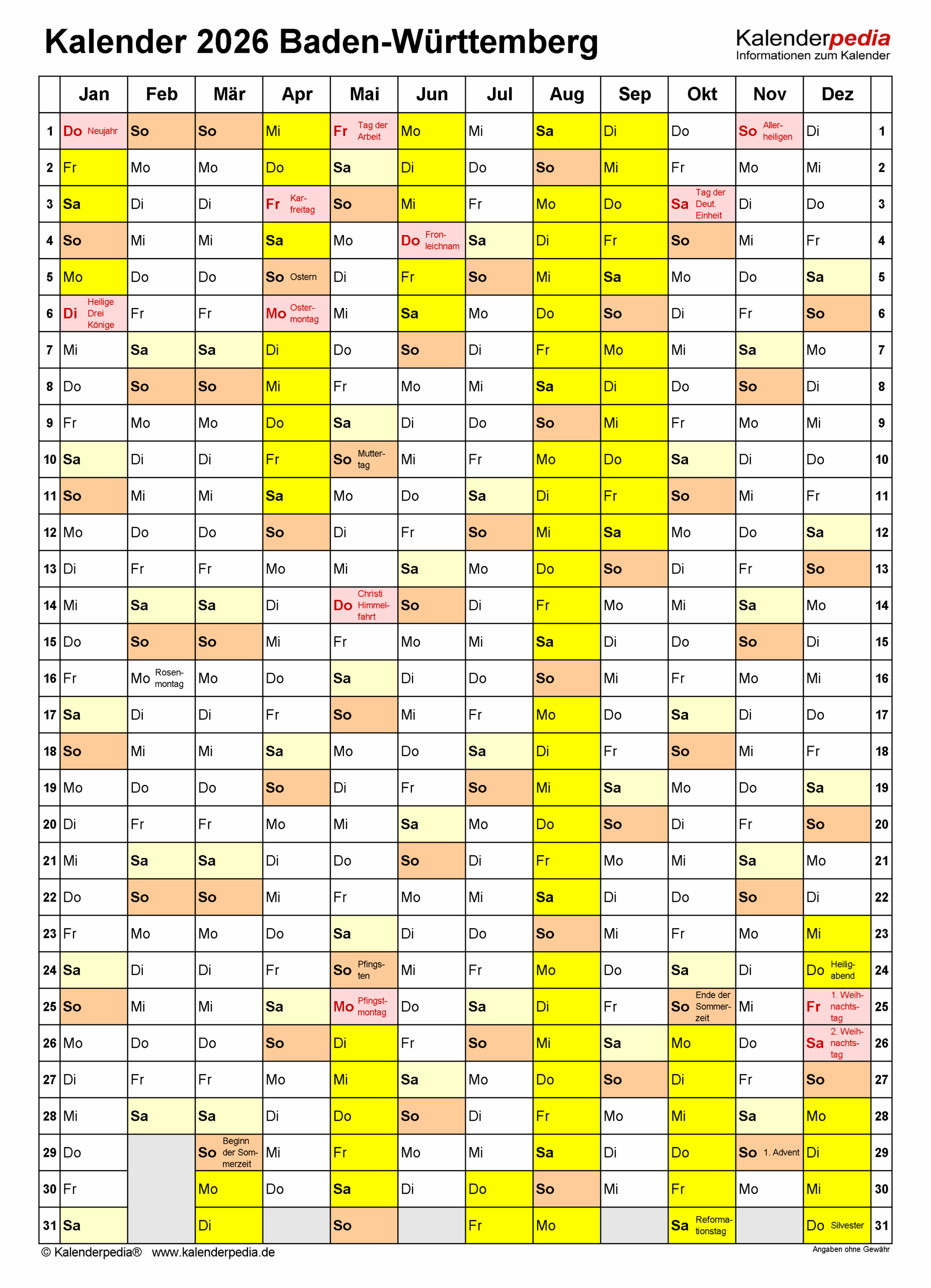 Ferienkalender 2026 Baden-württemberg Kalender 2026 baden-württemberg Kostenlos: Ferien-übersicht, Feiertage …