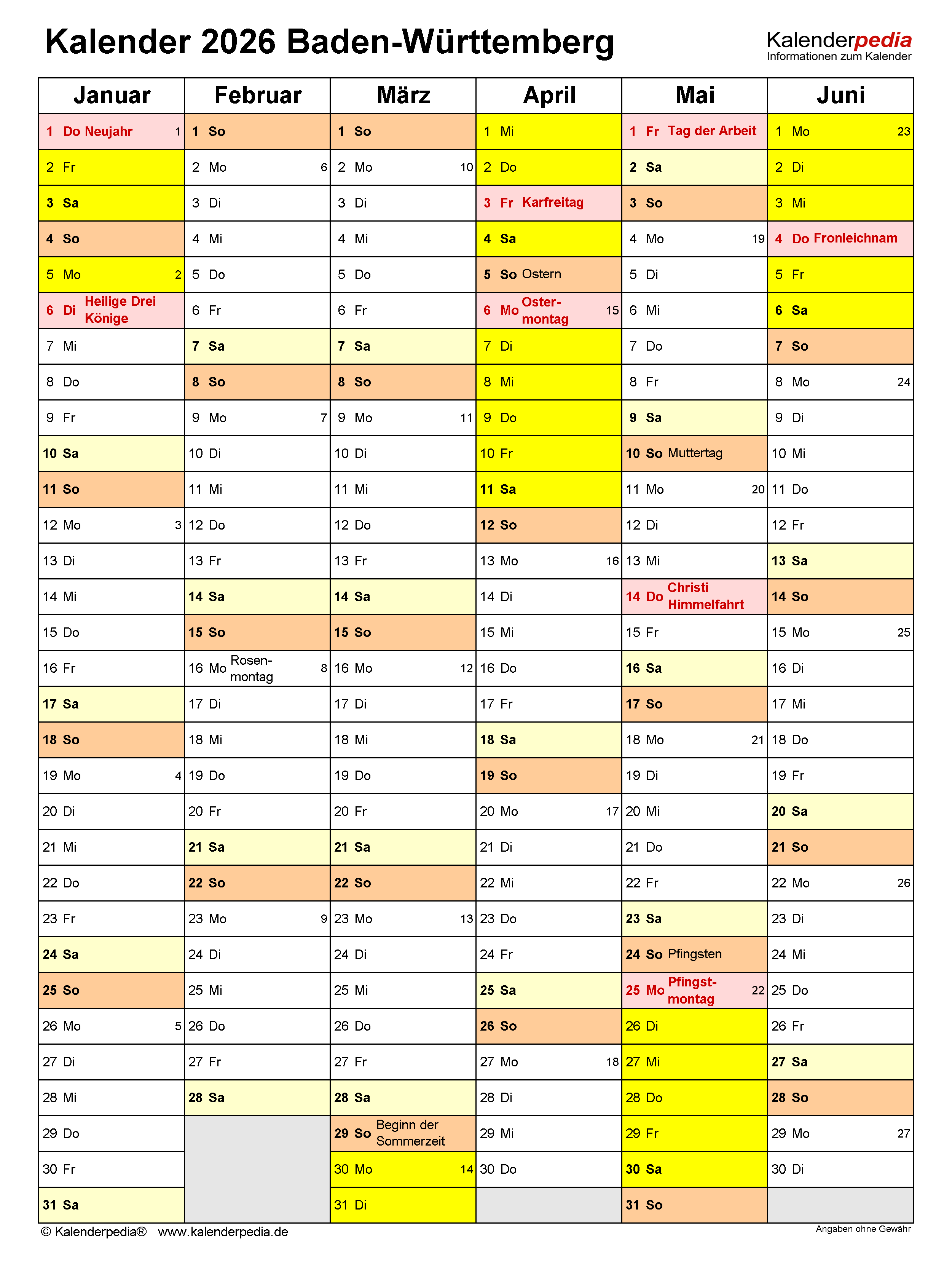  Foto zu Kalender 2026 Baden-Württemberg: Excel-Vorlagen mit Ferien 