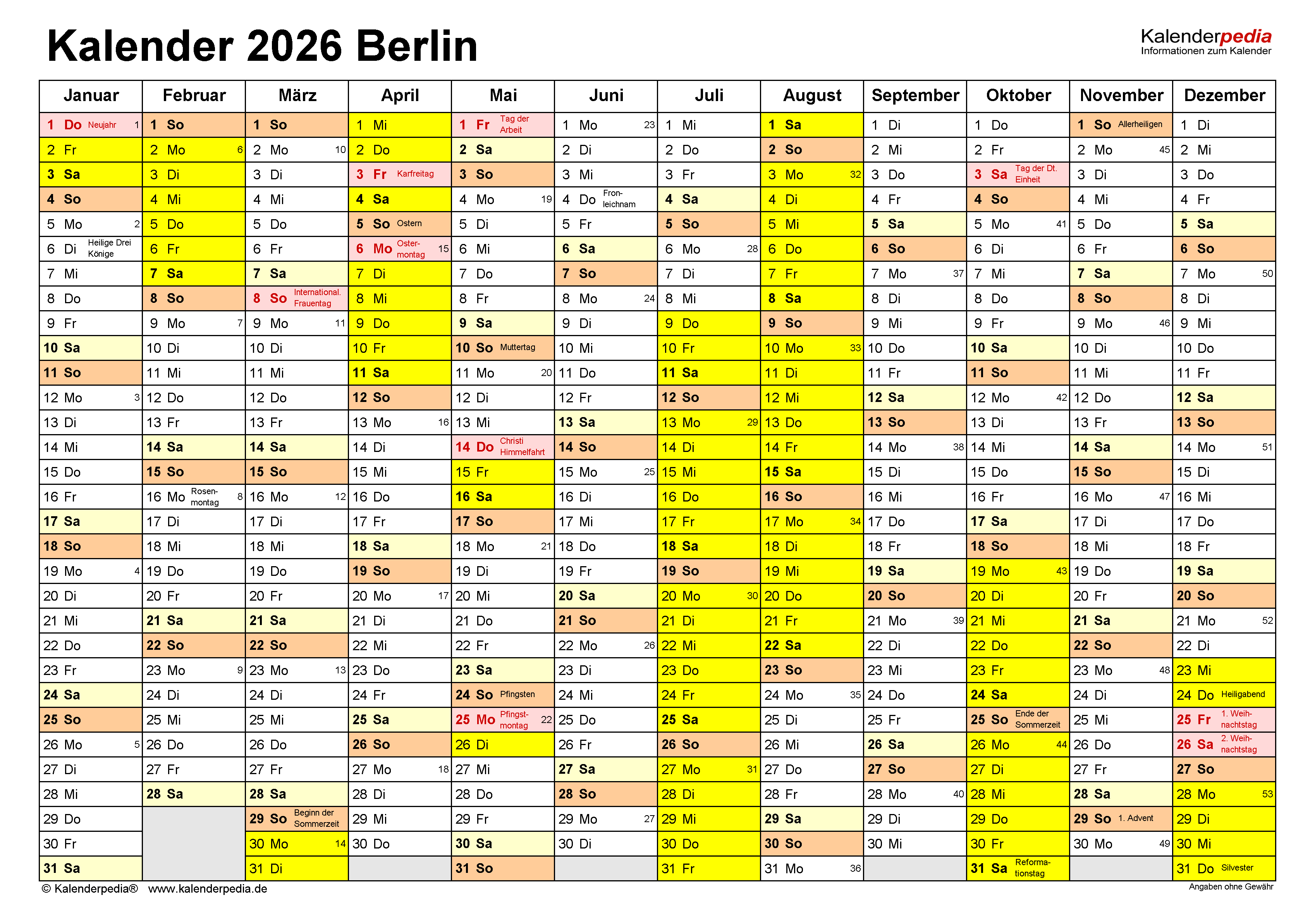  Kalender 2026 Berlin: Ferien, Feiertage, PDF-Vorlagen Motiv 