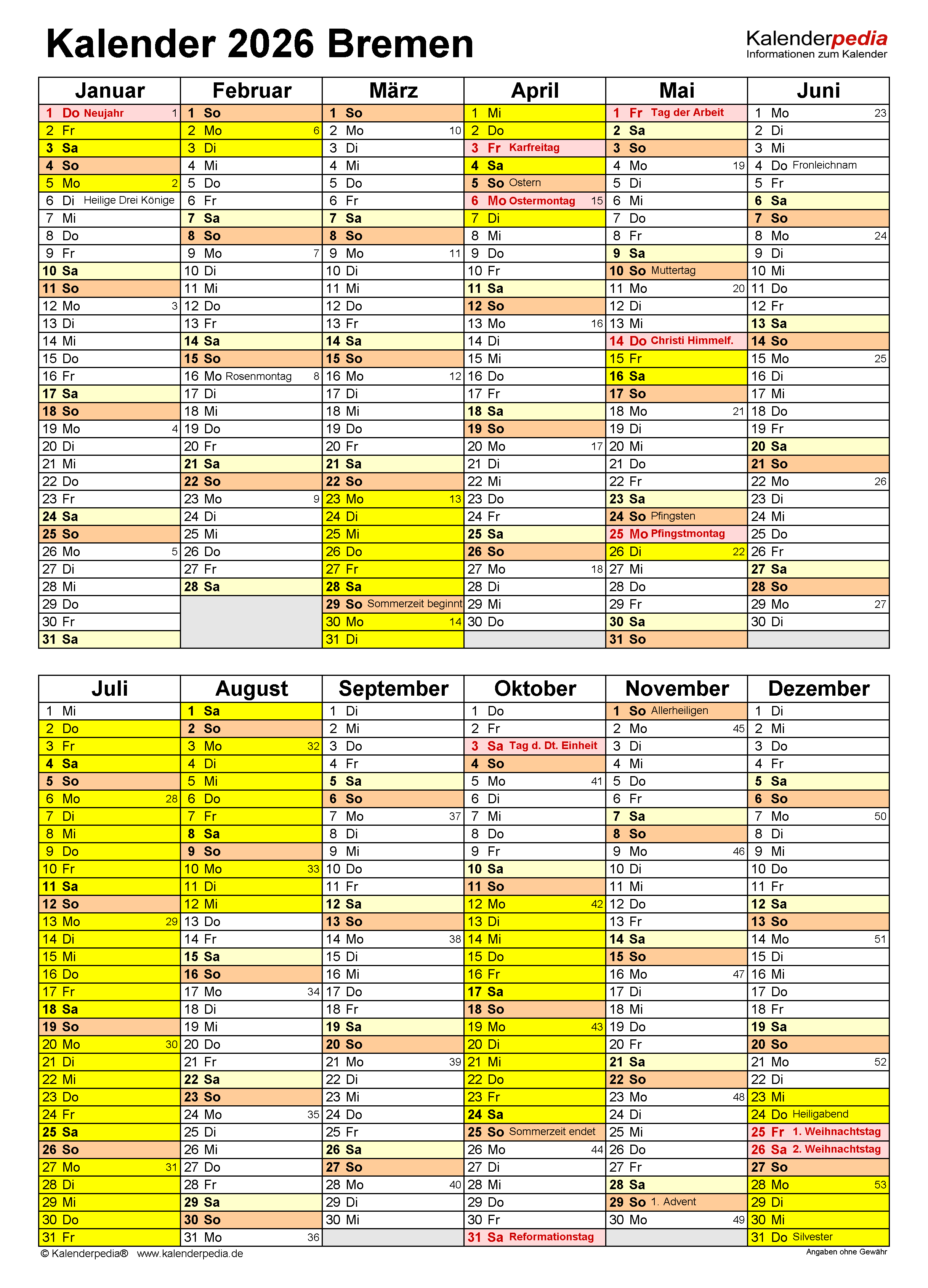  Kalender 2026 Bremen: Ferien, Feiertage, PDF-Vorlagen Bildidee 