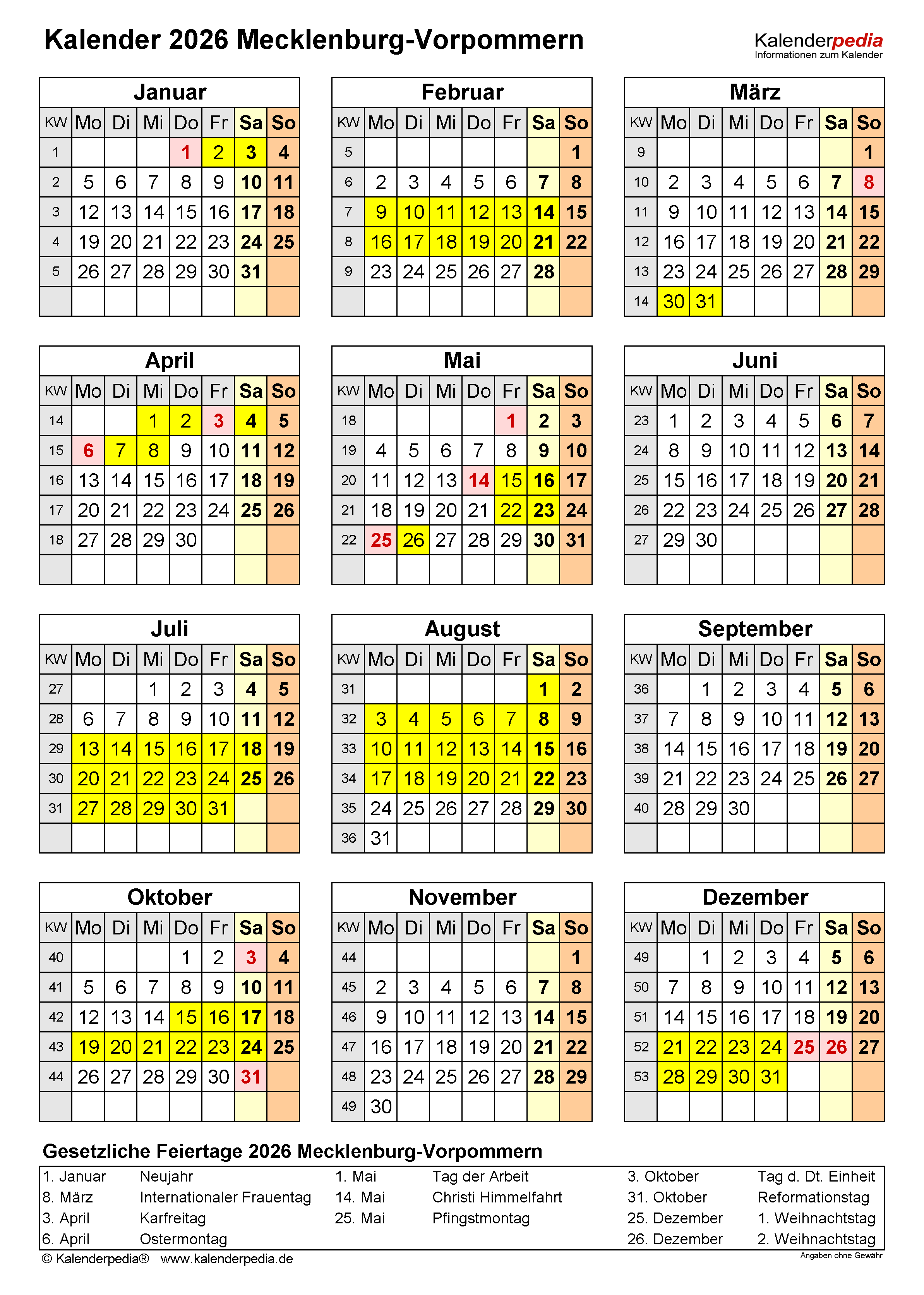  Kalender 2026 Mecklenburg-Vorpommern: PDF-Vorlagen mit Ferien Motiv 