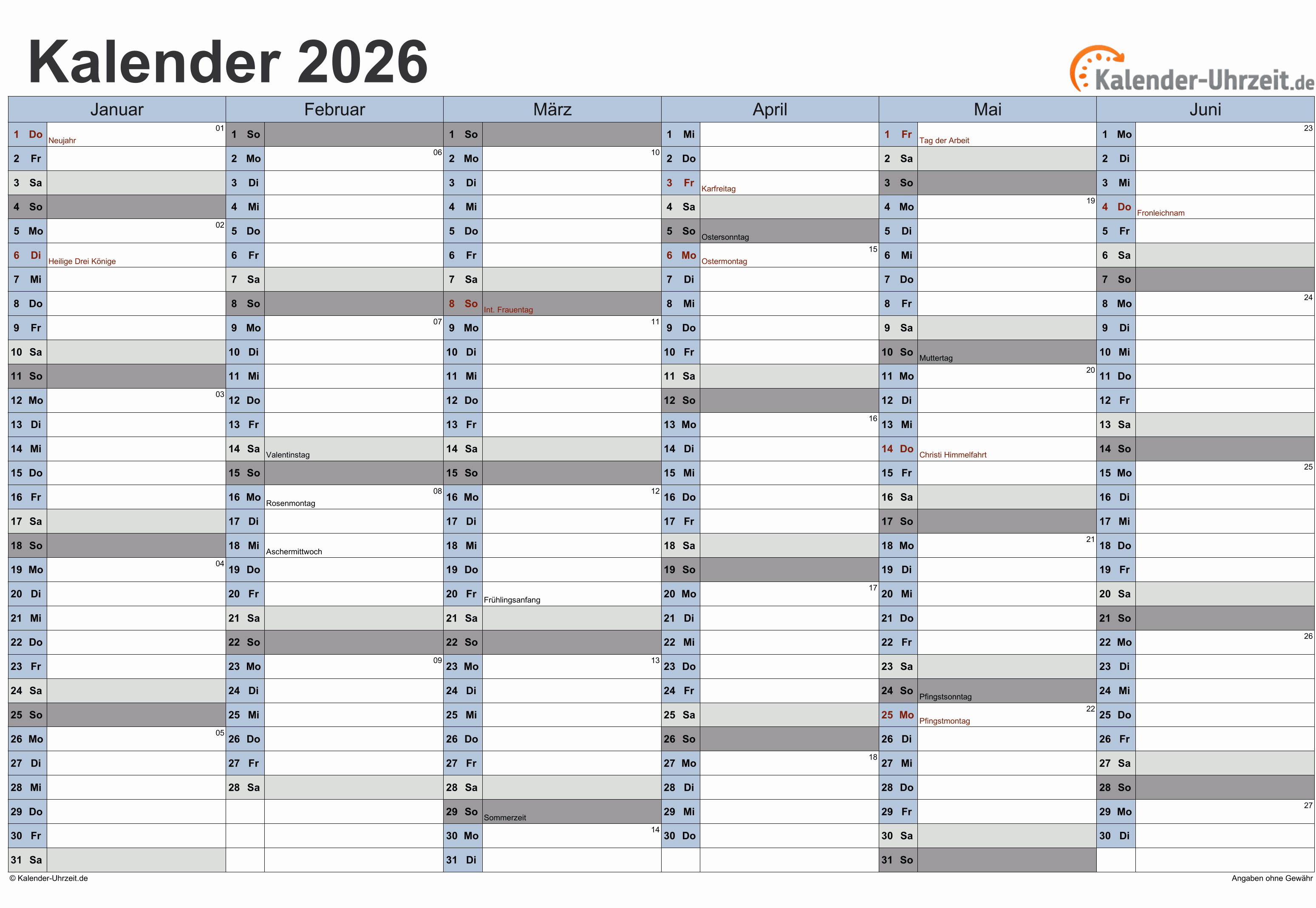  KALENDER 2026 ZUM AUSDRUCKEN - KOSTENLOS 