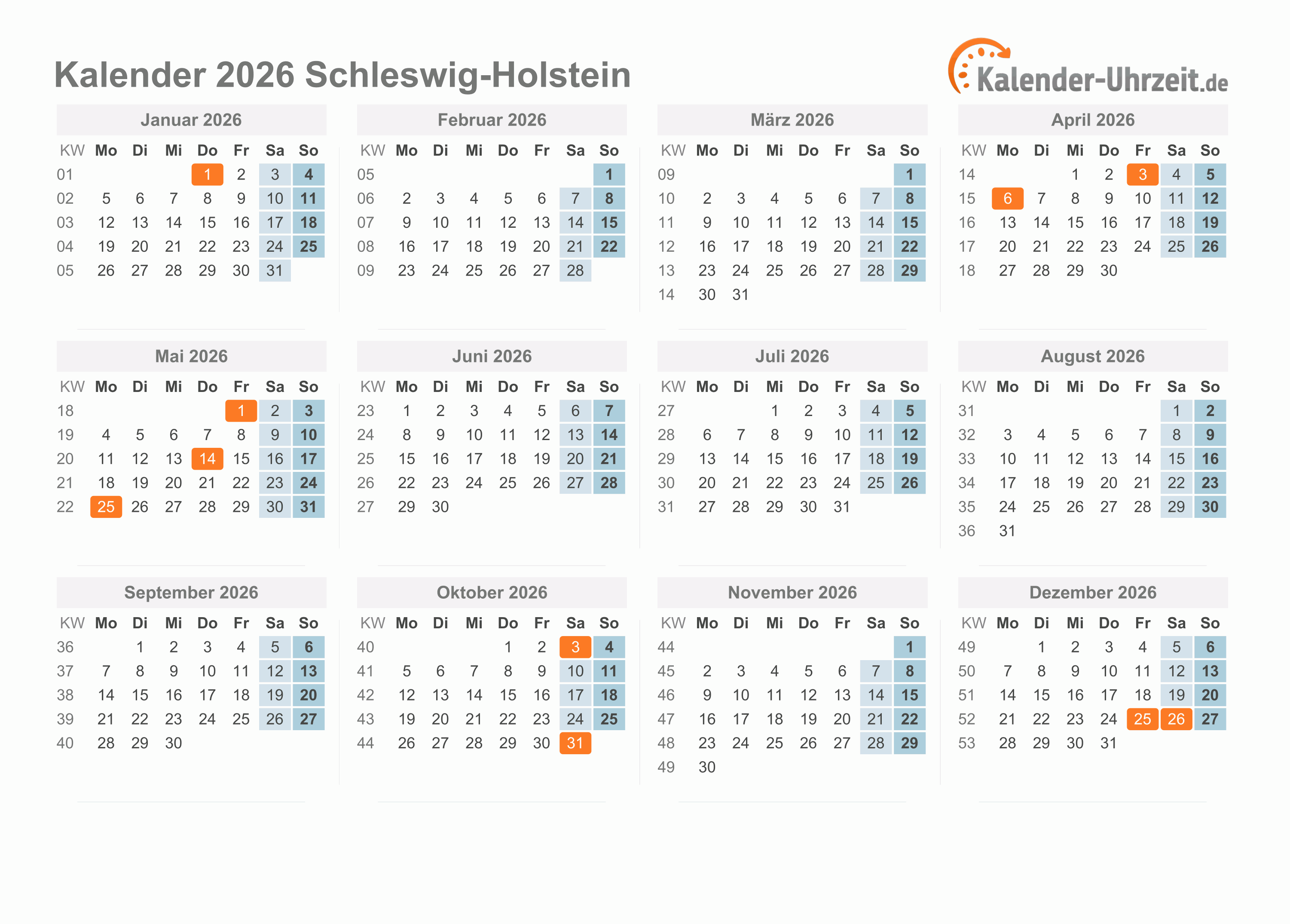  Feiertage 2026 Schleswig-Holstein + Kalender Illustration 