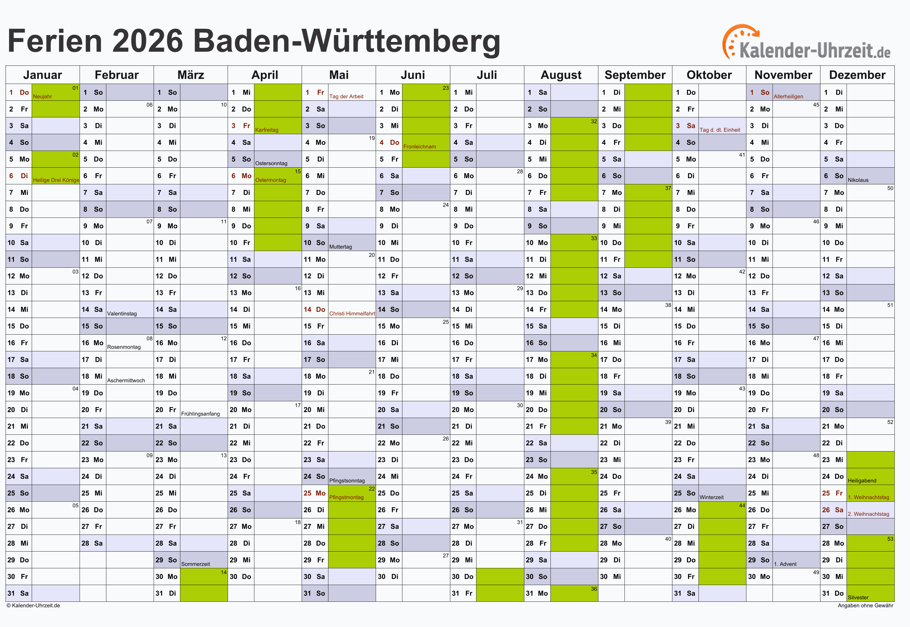  Ferien Baden-Württemberg 2026 - Ferienkalender zum Ausdrucken Illustration 