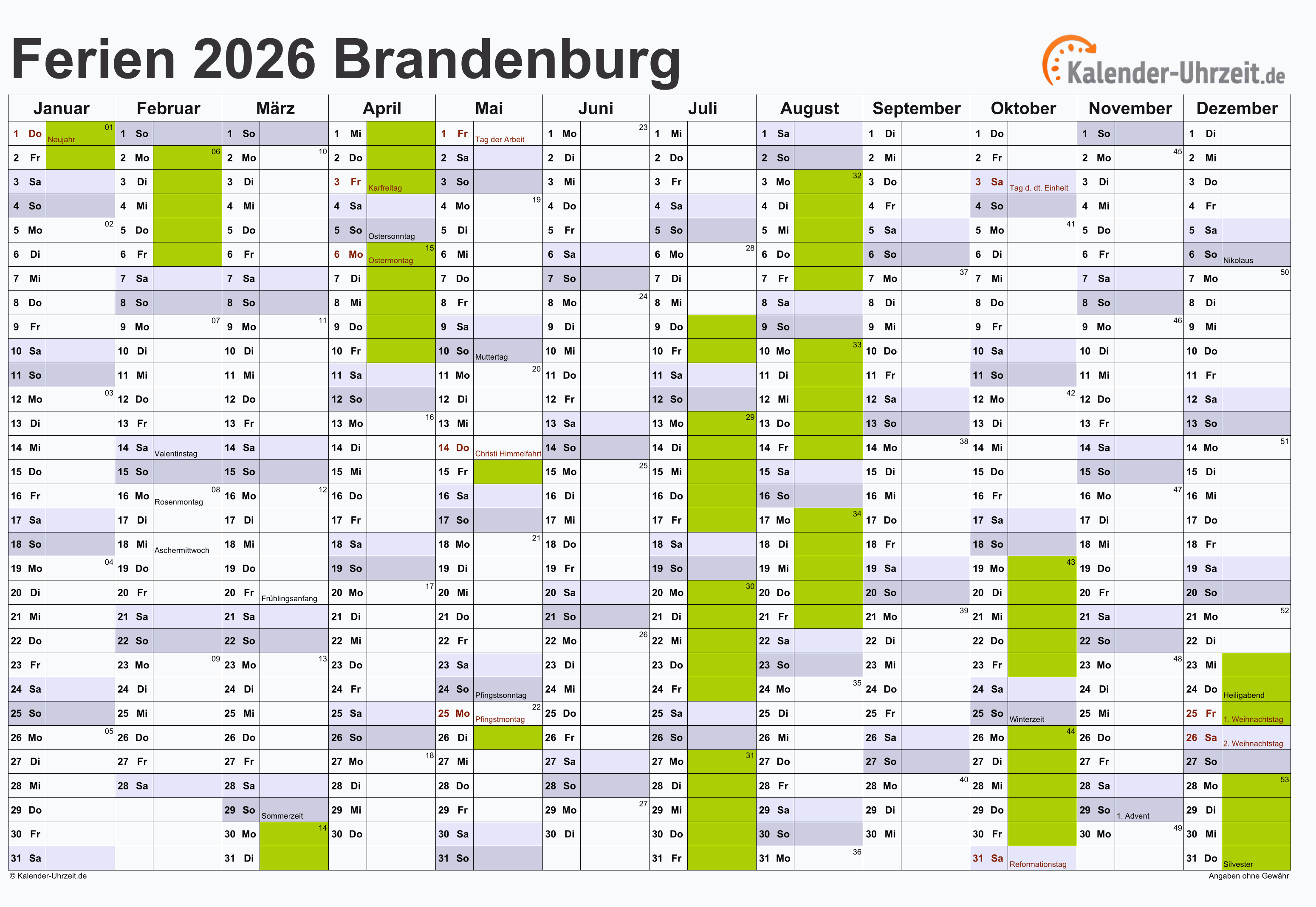  Ferien Brandenburg 2026 - Ferienkalender zum Ausdrucken Illustration 