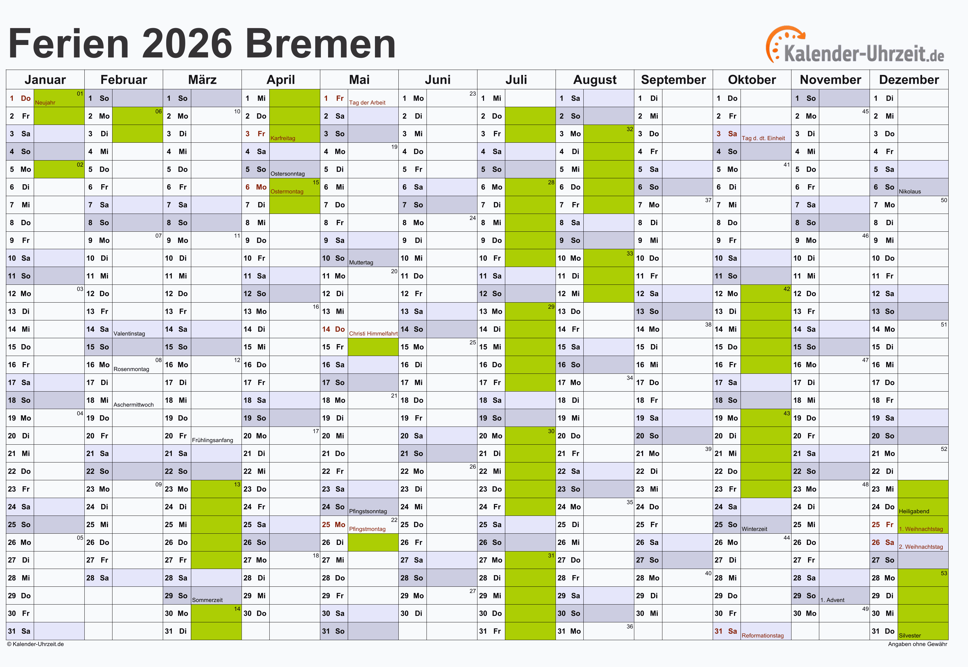  Ferien Bremen 2026 - Ferienkalender zum Ausdrucken 