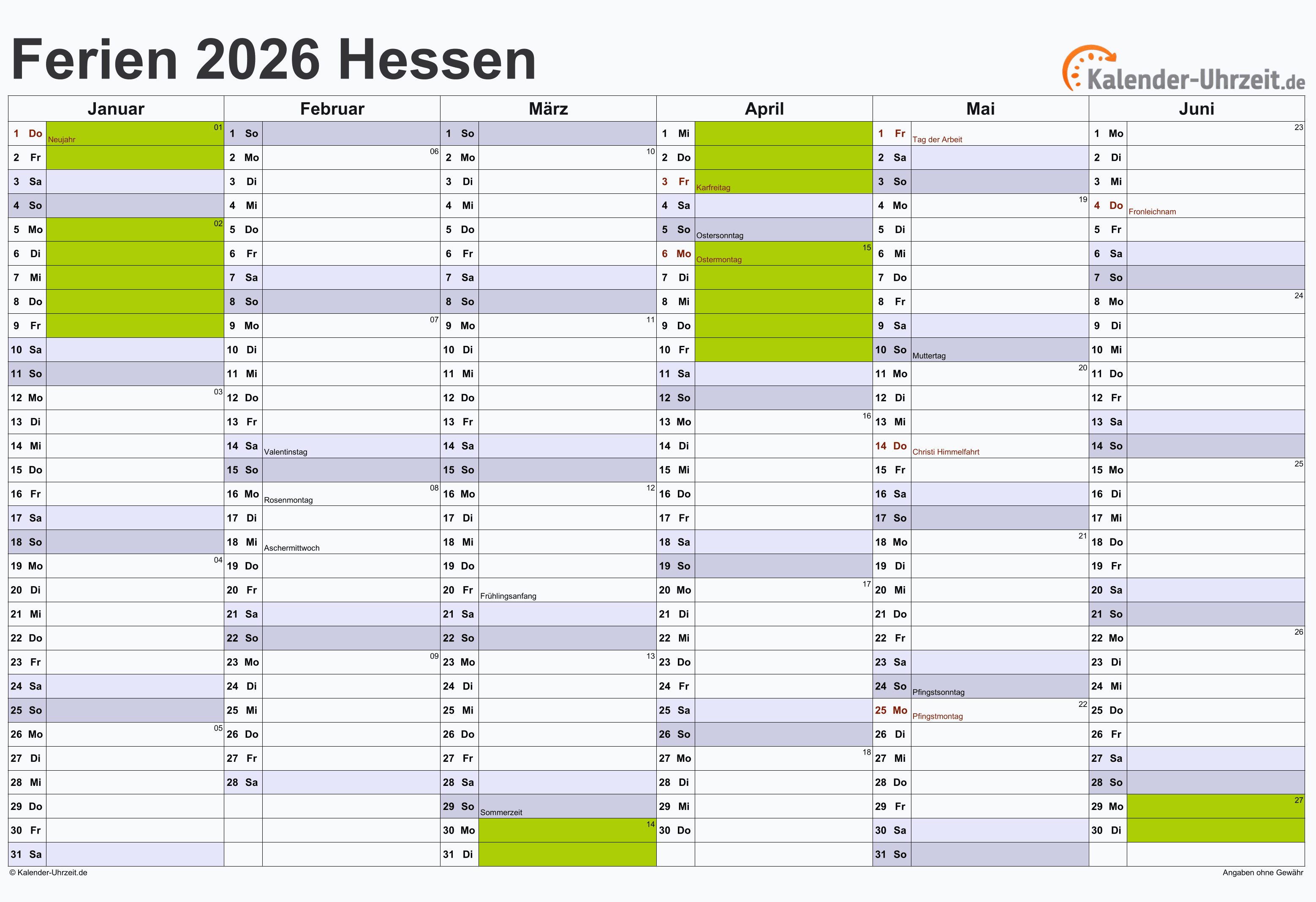  Ferien Hessen 2026 - Ferienkalender zum Ausdrucken Illustration 