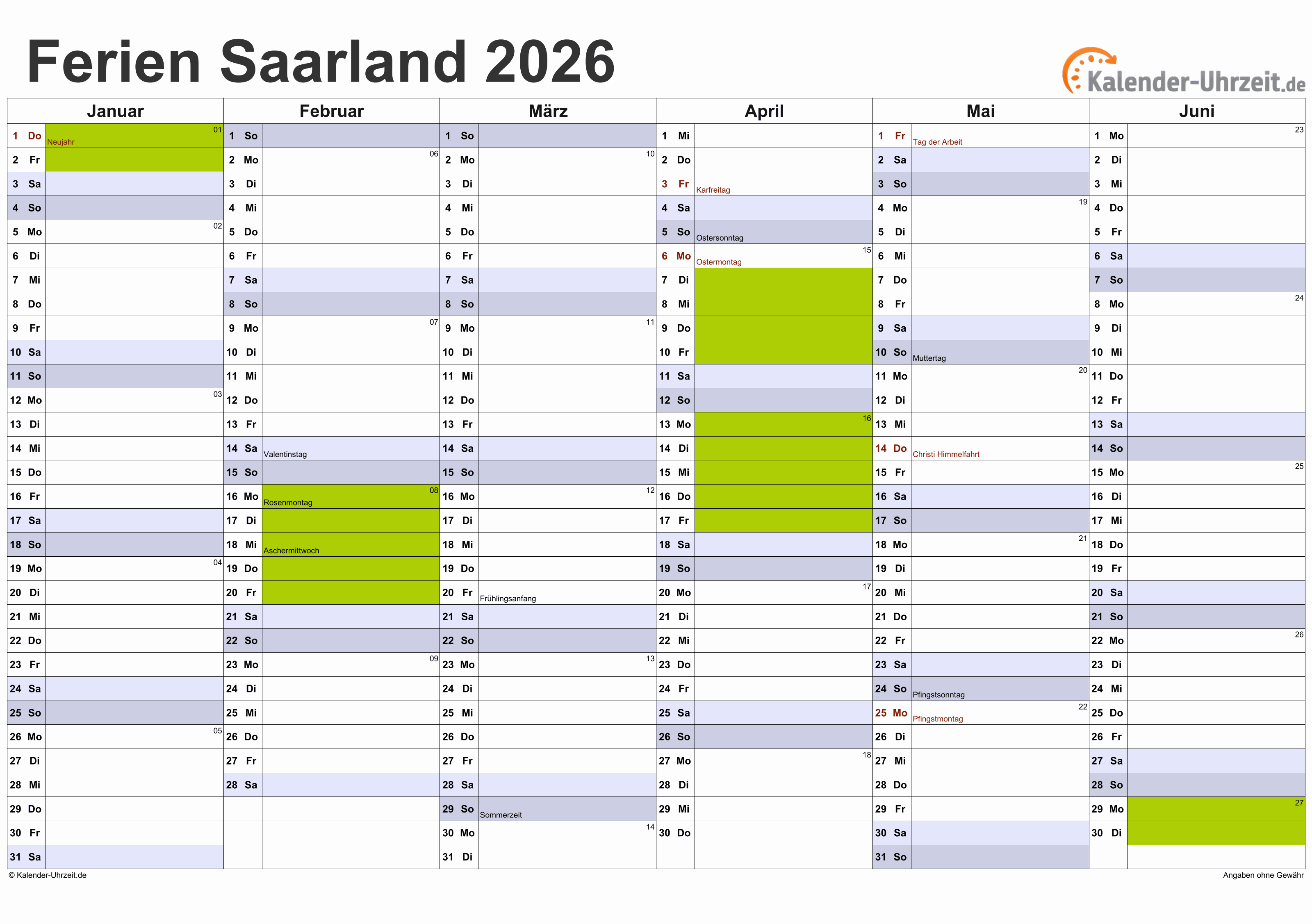  Ferien Saarland 2026 - Ferienkalender zum Ausdrucken Motiv 