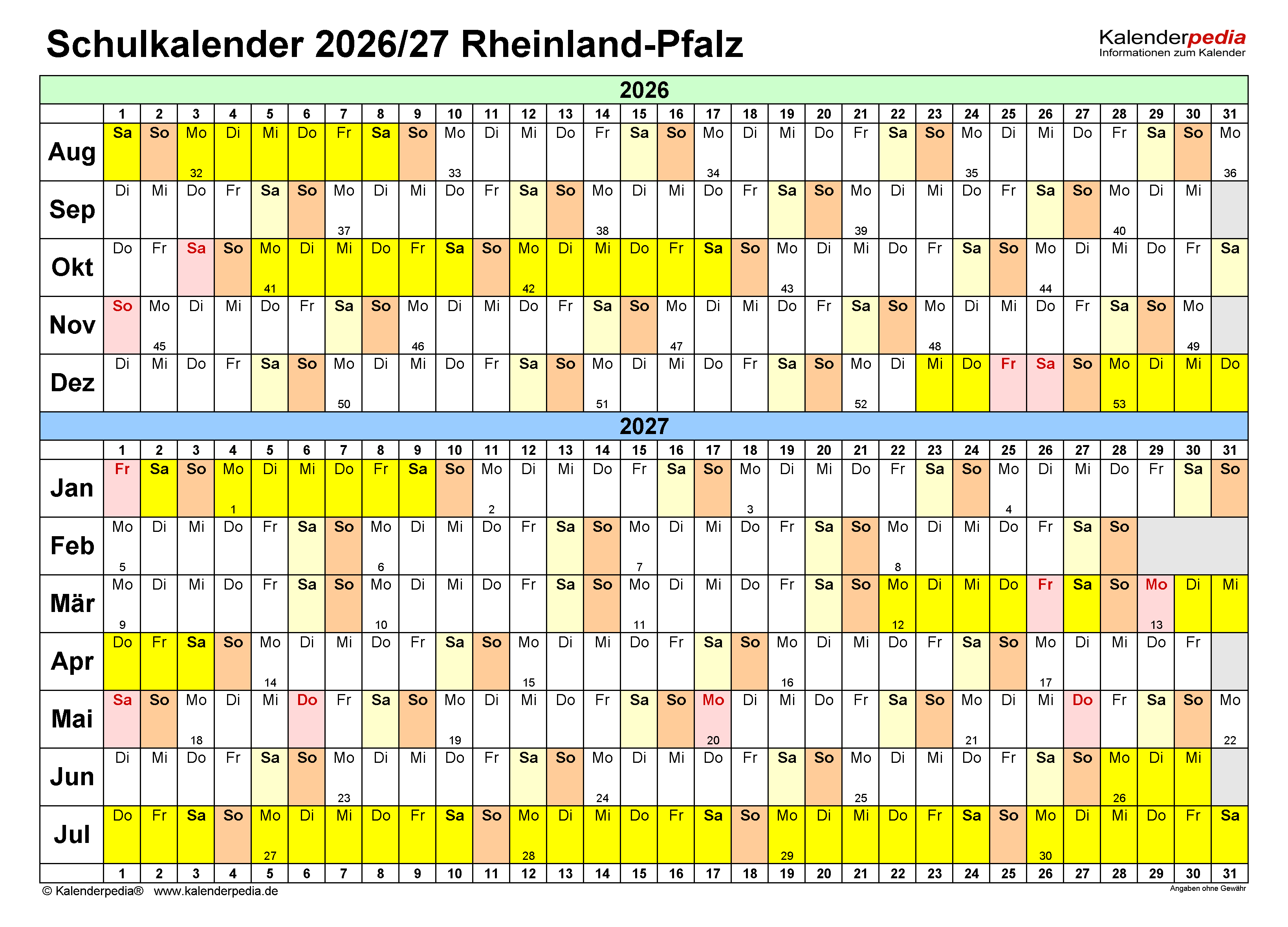  Schulkalender 2026/2027 Rheinland-Pfalz für Word Illustration 