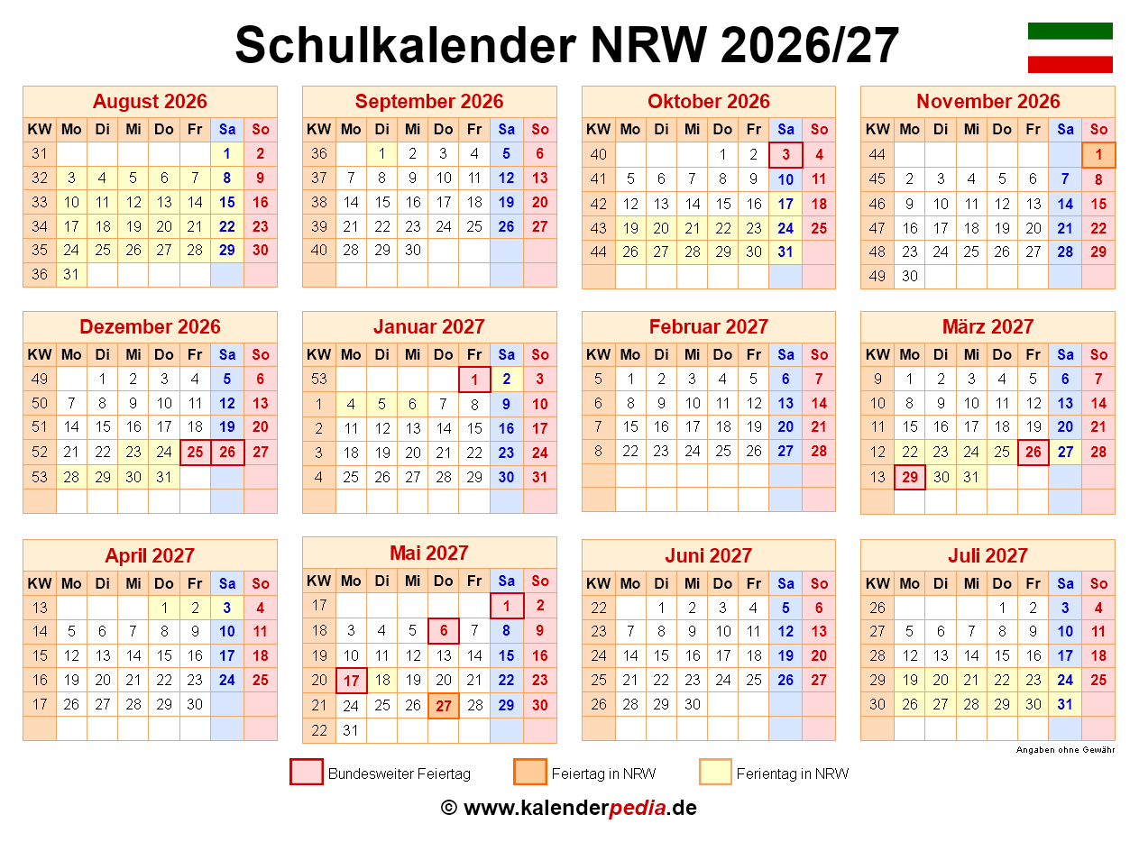  Foto zu Schulkalender 2026/2027 NRW für PDF 