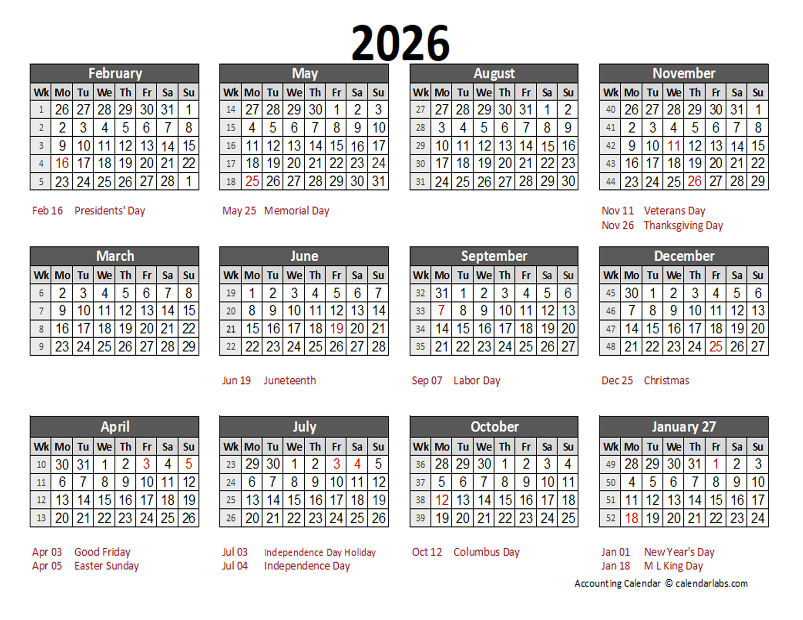 2026 Bmw M8 Printable Yearly Calendar For 2026 (with Red Weekend)
