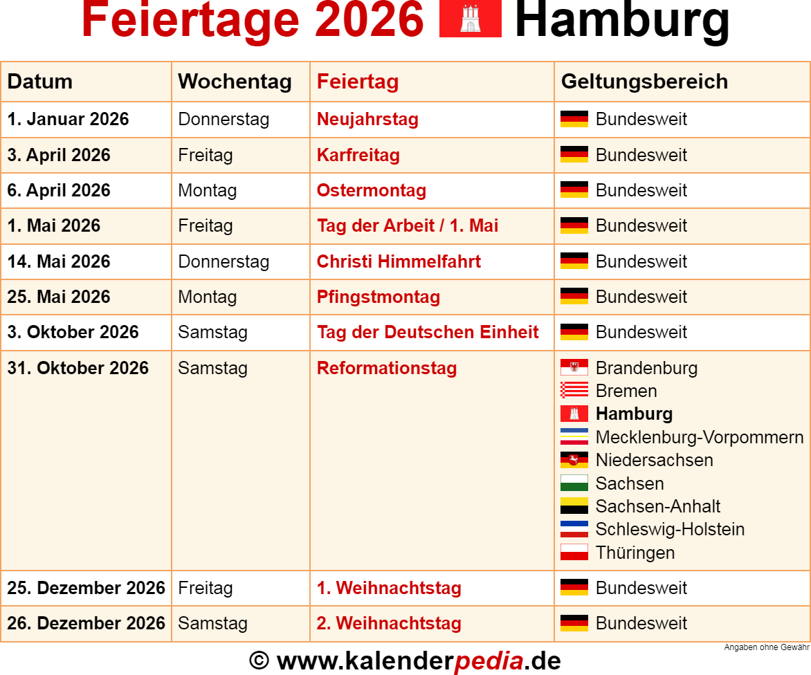  Feiertage Hamburg 2026 - Kalenderpedia Bildidee 