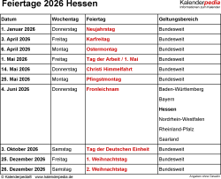 Kalender Ferien Hessen 2026 ferien hessen 2026