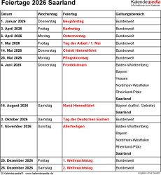  Feiertage Saarland 2026 - Kalenderpedia Bildidee 
