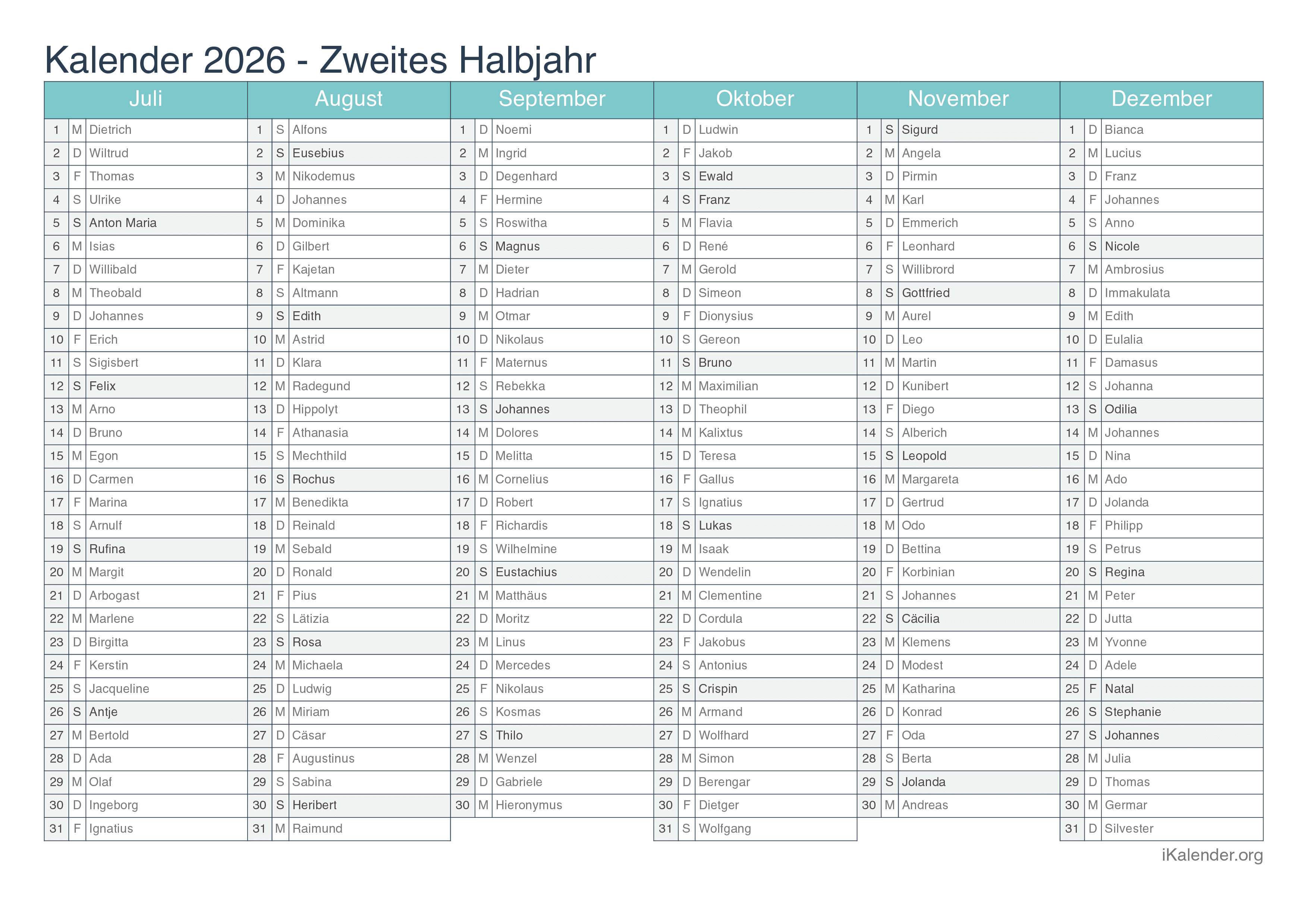  Kalender 2026 zum Ausdrucken Bildidee 