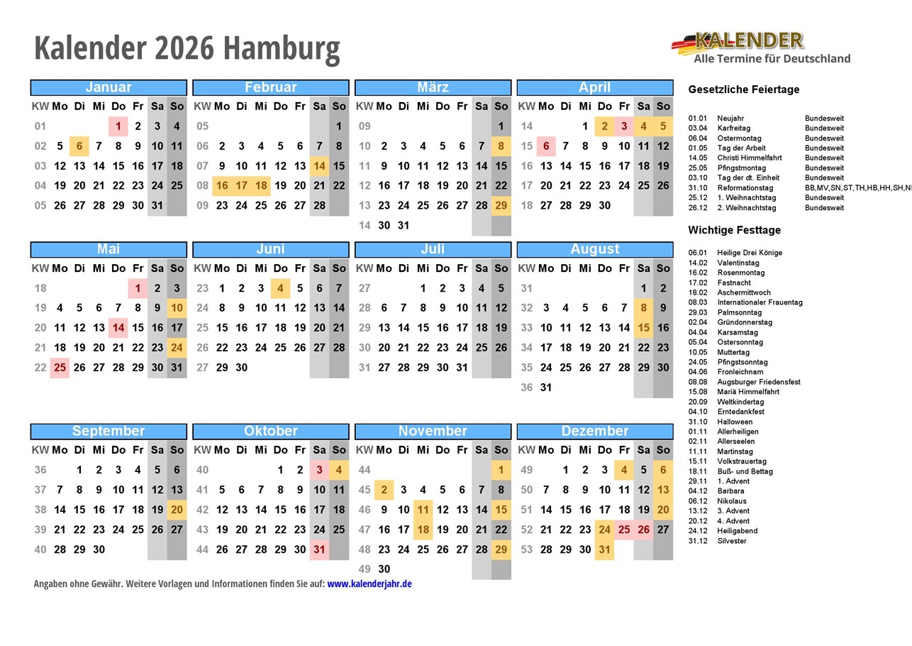 Märzferien 2026 Hamburg Kalender 2026 hamburg: Ferien, Feiertage, Excel-vorlagen