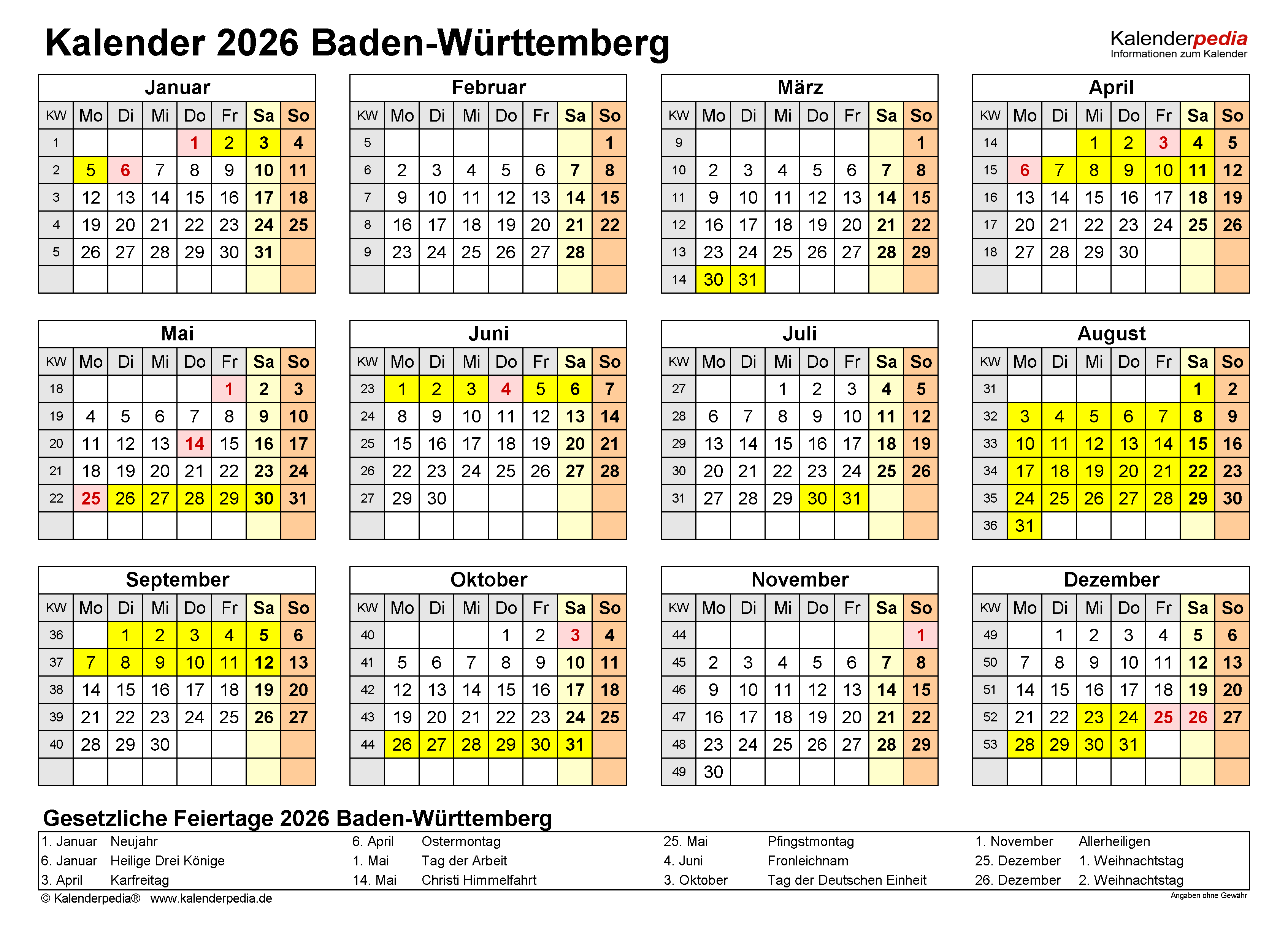 Kalender 2026 Baden-Württemberg: Word-Vorlagen mit Ferien 