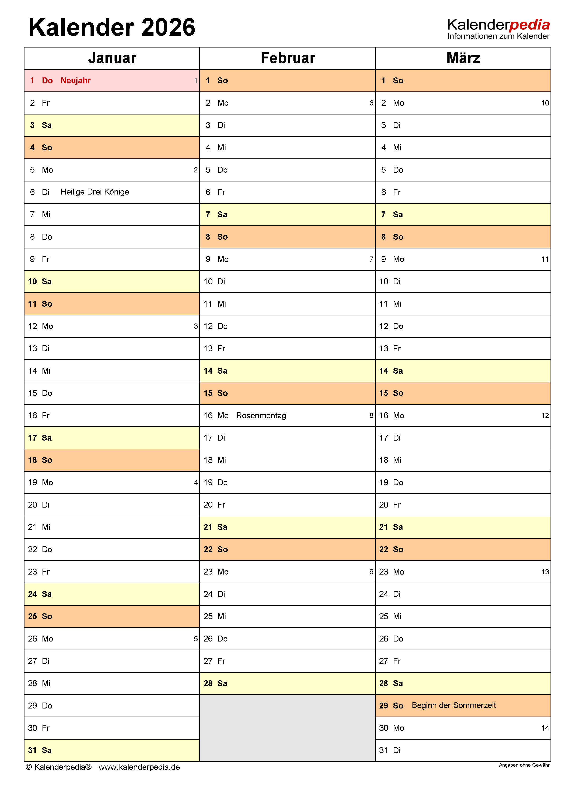  Kalender 2026 zum Ausdrucken in Excel - 20 Vorlagen (kostenlos) Illustration 
