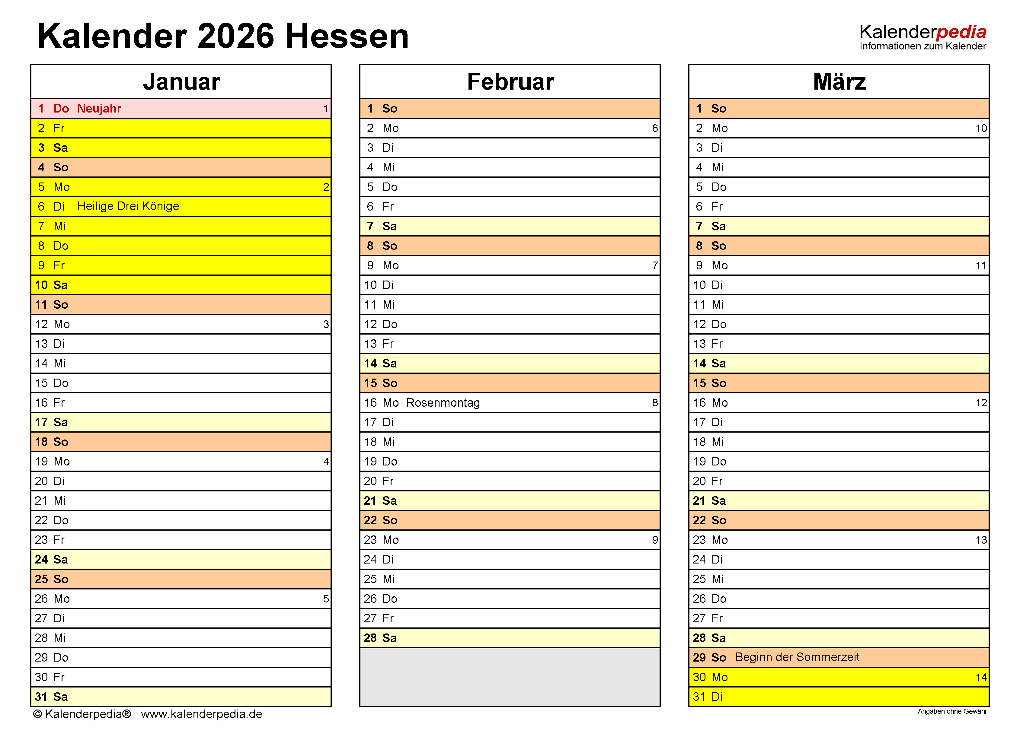  Kalender 2026 Hessen: Ferien, Feiertage, Excel-Vorlagen 
