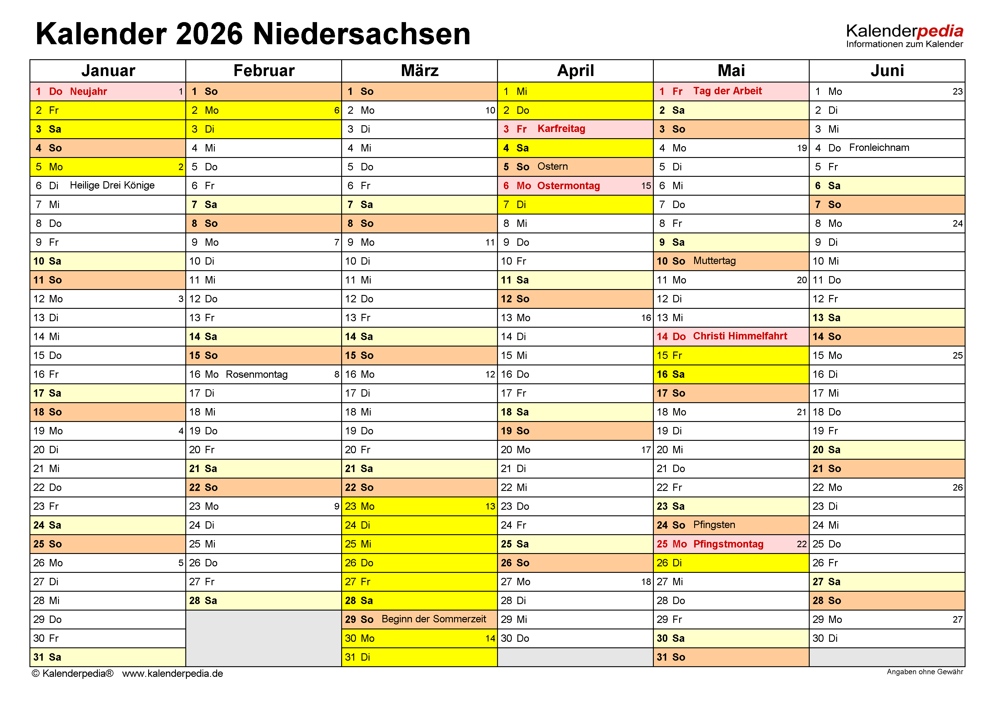  Kalender 2026 Niedersachsen: Ferien, Feiertage, PDF-Vorlagen Motiv 
