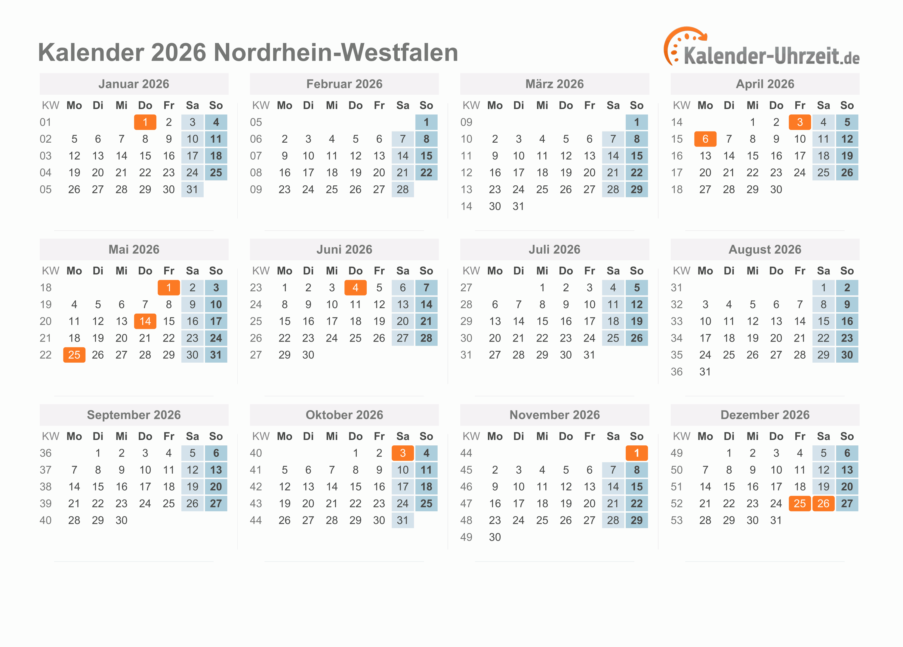  Feiertage 2026 Nordrhein-Westfalen + Kalender 