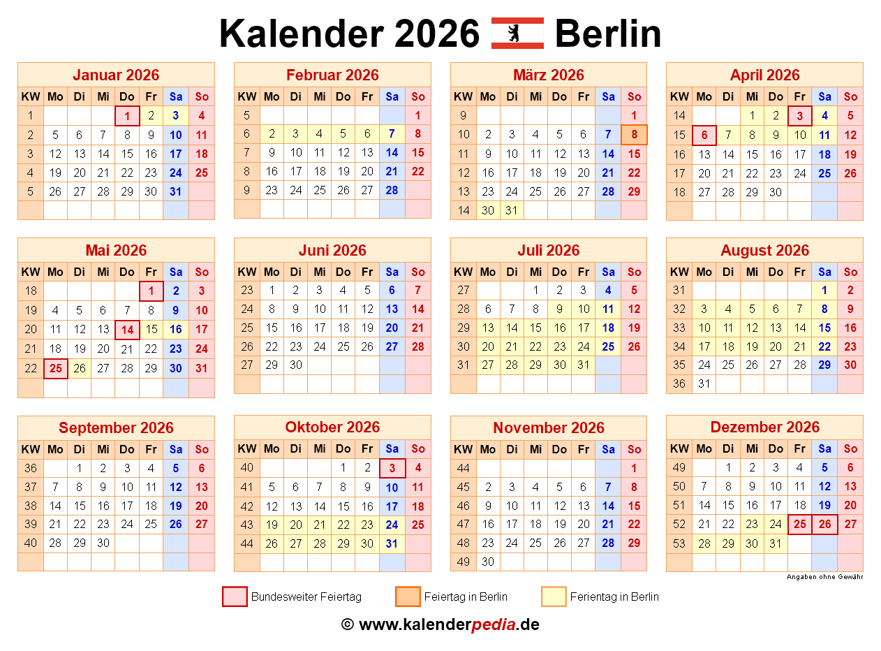 Semesterferien 2026 Berlin Kalender 2026 + Ferien berlin, Feiertage