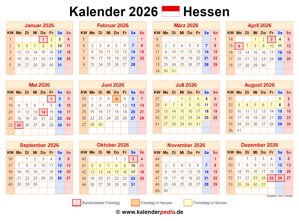  Foto zu Kalender 2026 Hessen: Ferien, Feiertage, Excel-Vorlagen 