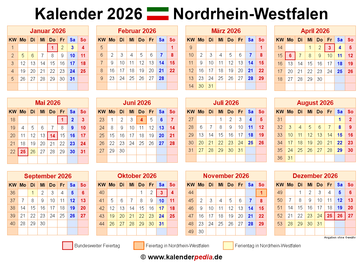  Kalender 2026 NRW: Ferien, Feiertage, Word-Vorlagen Illustration 