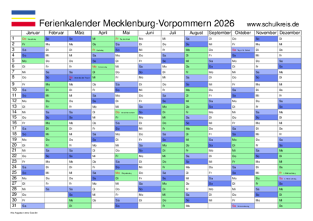  Schulferien-Kalender Mecklenburg-Vorpommern MV 2026 mit Feiertagen und 
