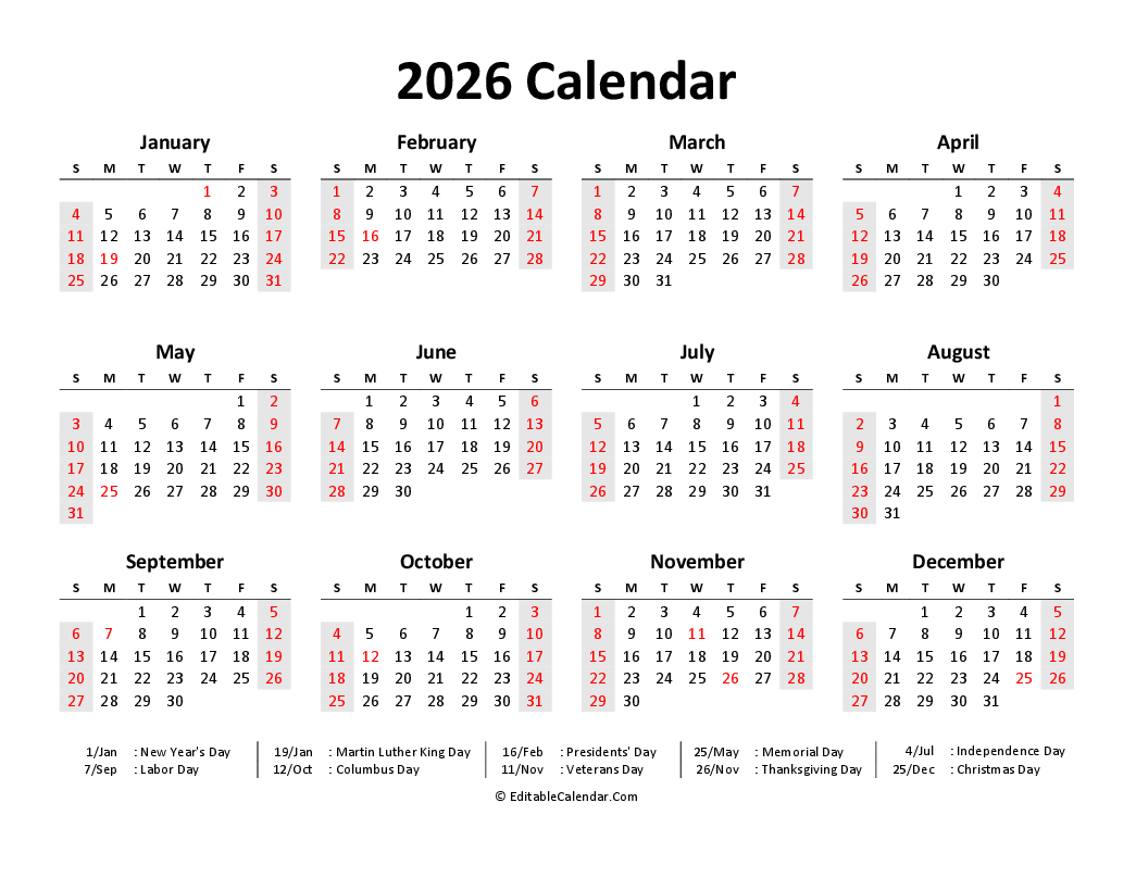  Free Printable Calendar 2026 (Word, PDF, Excel) Bildidee 