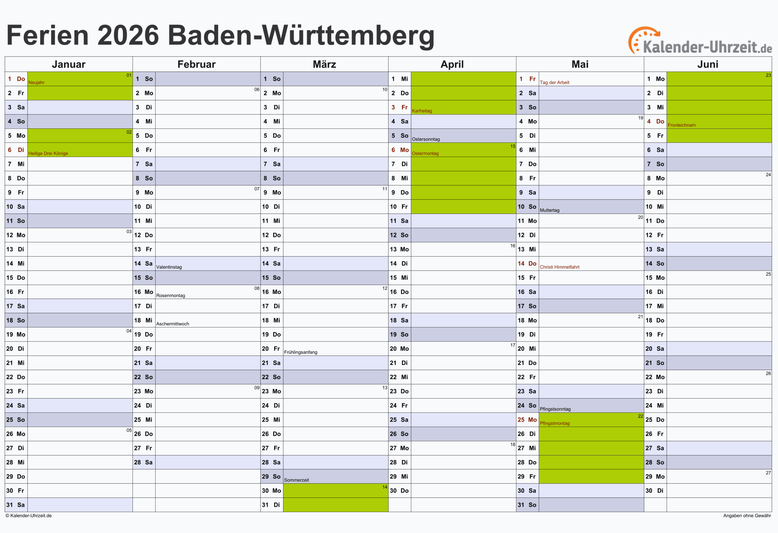 Ferien Kalender 2026 Bw Kalender 2026 Baden-wuerttemberg Pdf Und Jpg Im Din A4-querformat