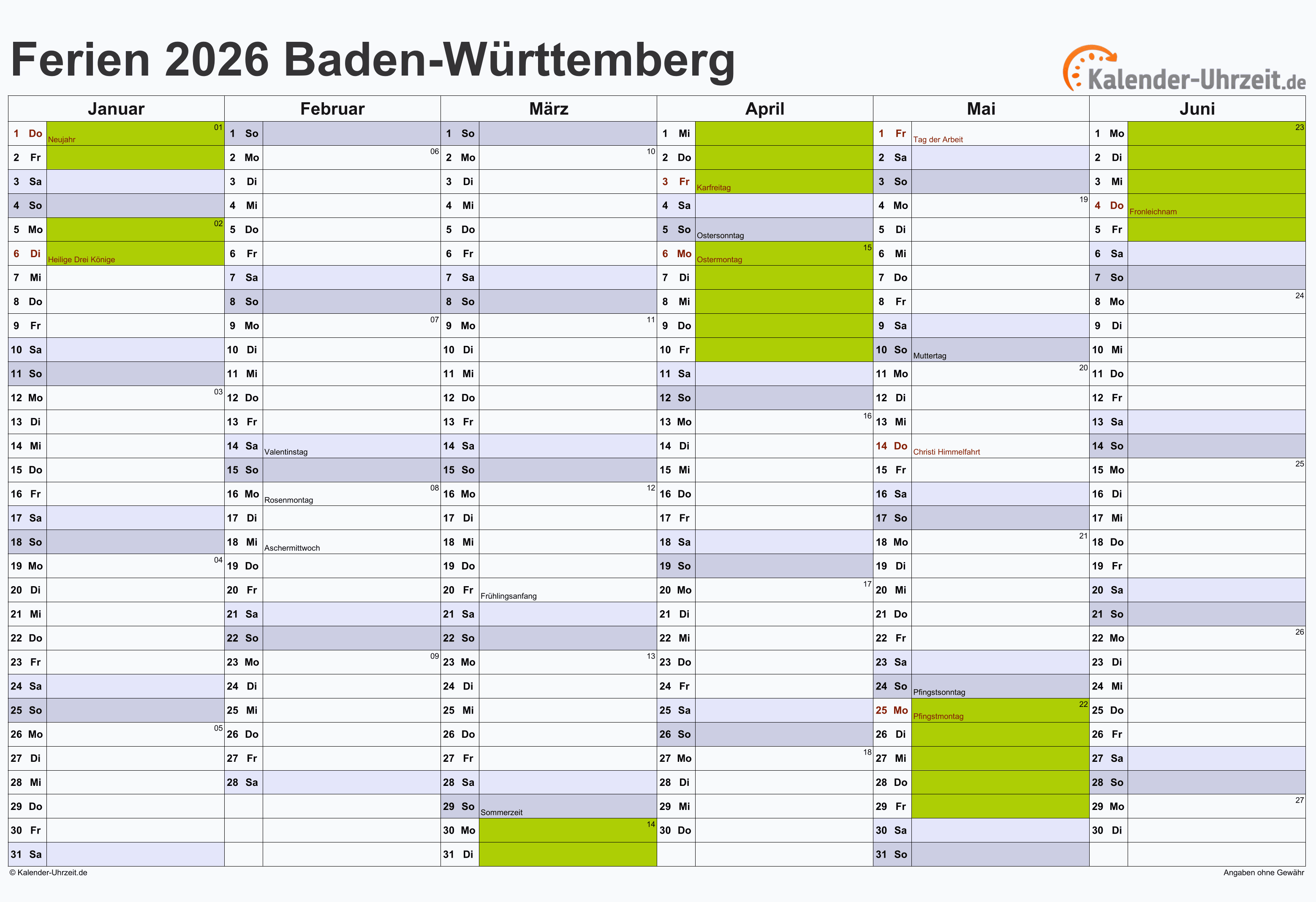  Ferien Baden-Württemberg 2026 - Ferienkalender zum Ausdrucken 