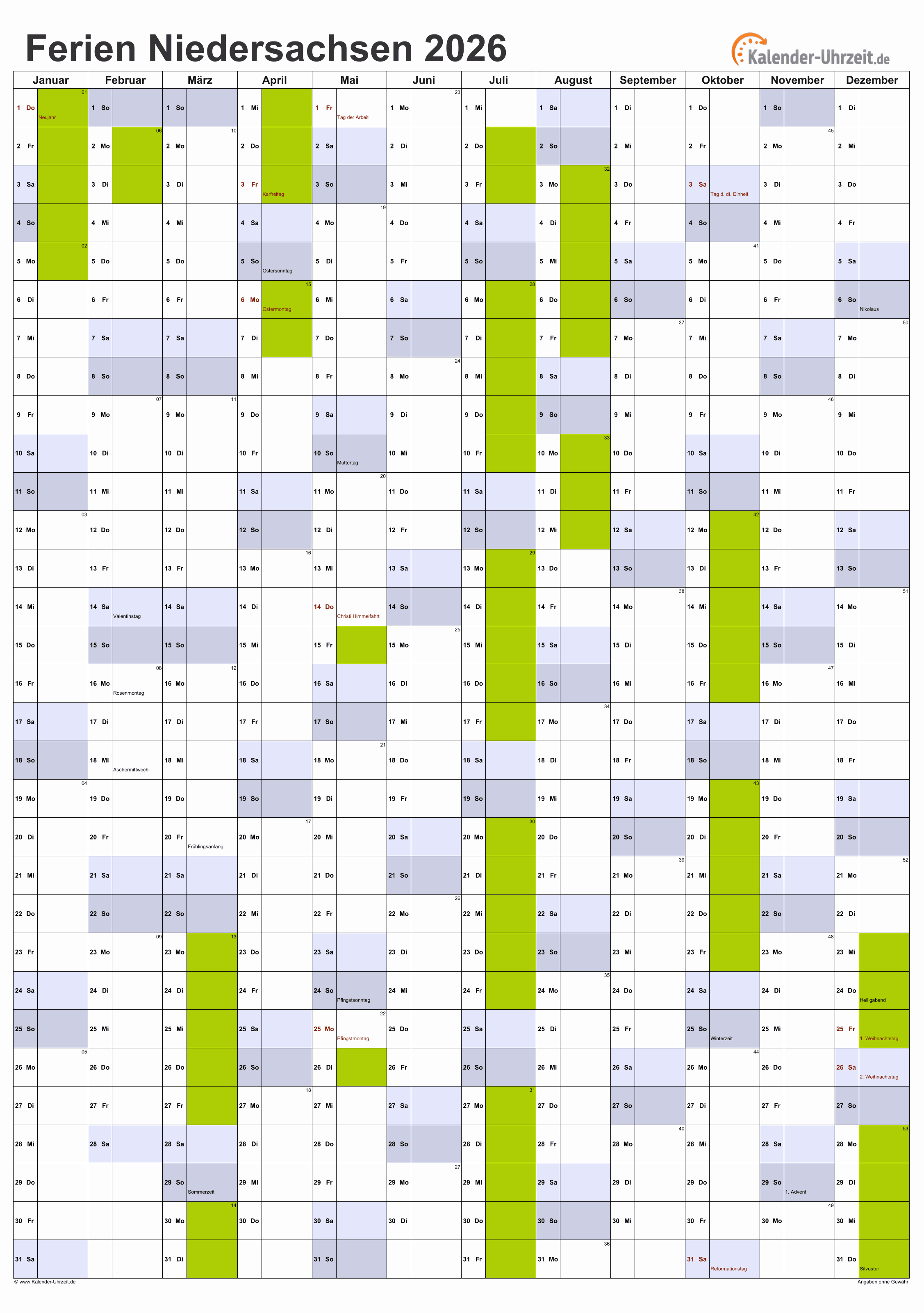  Ferien Niedersachsen 2026 - Ferienkalender zum Ausdrucken Motiv 