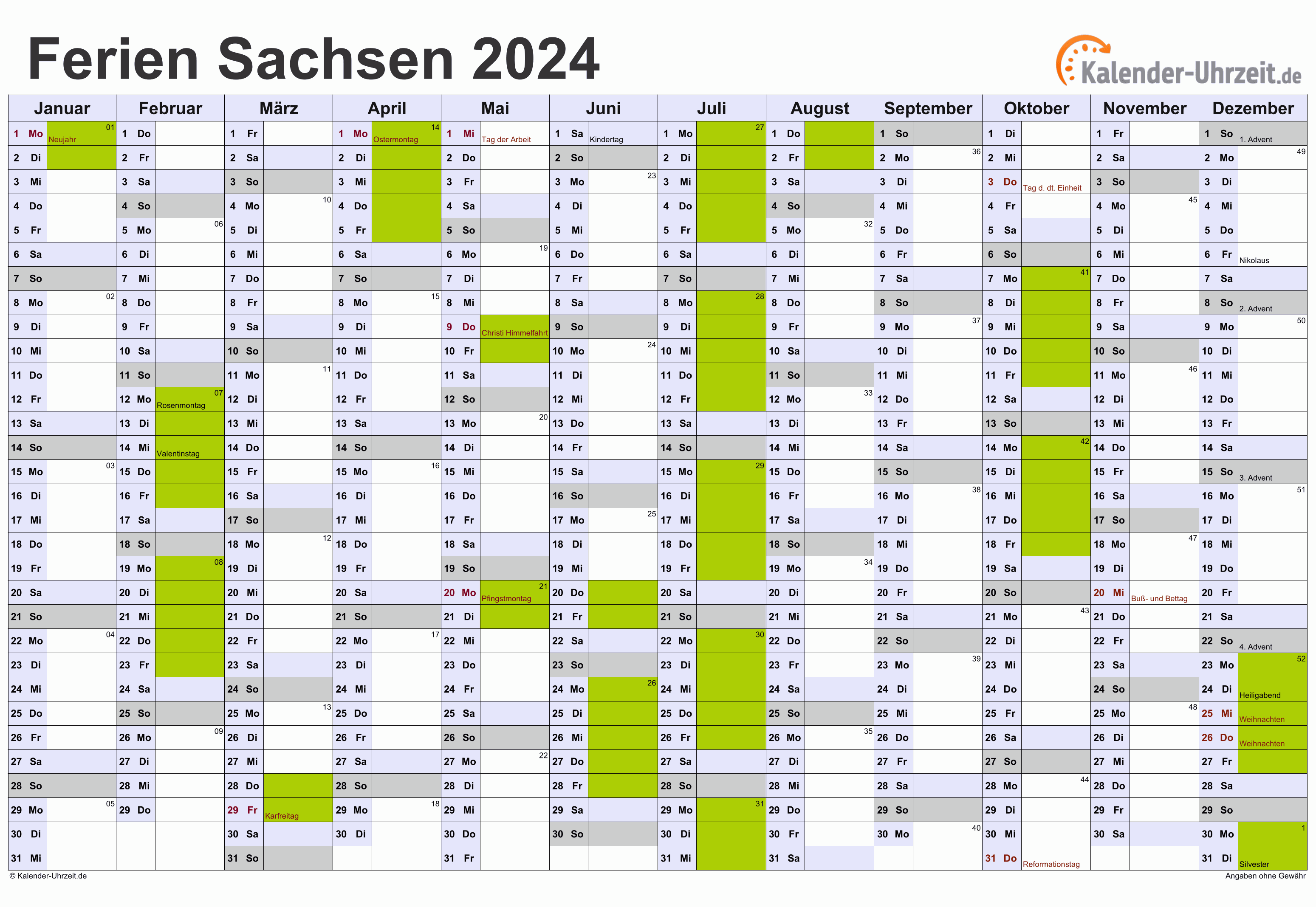  Ferien Sachsen 2024 - Ferienkalender zum Ausdrucken Motiv 