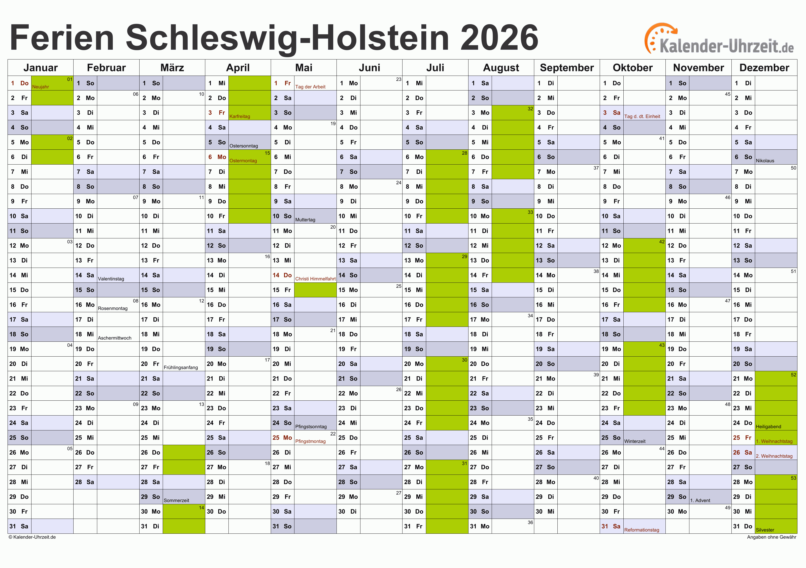  Ferien Schleswig-Holstein 2026 - Ferienkalender zum Ausdrucken Illustration 