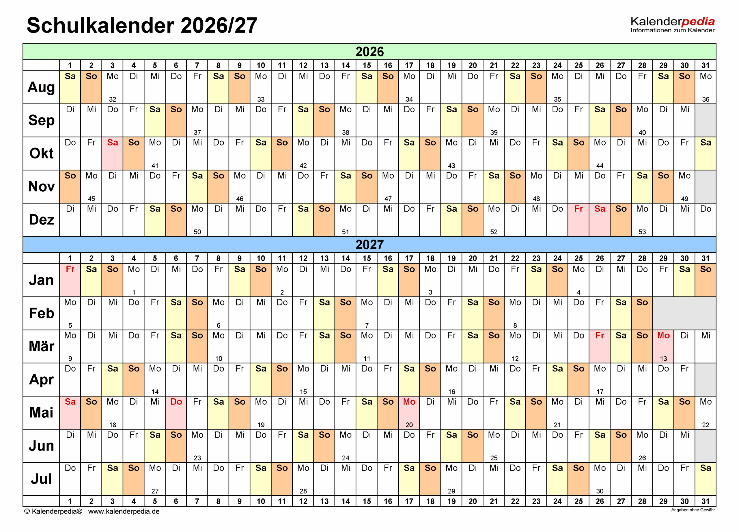 Schulbeginn 2026 Schulkalender 2025/2026 Nrw Für Excel