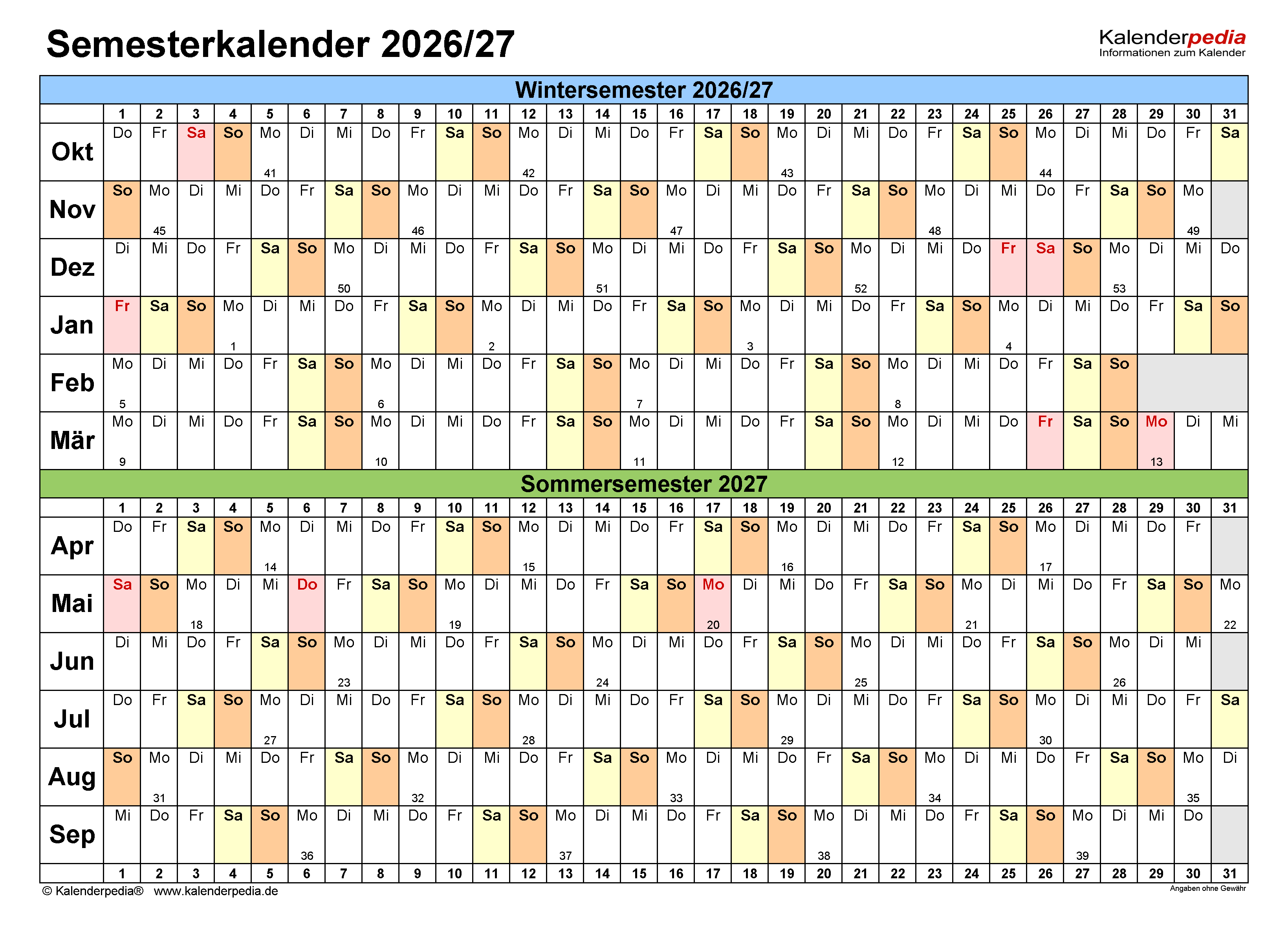  Semesterkalender 2026/27 für Excel zum Ausdrucken Bildidee 