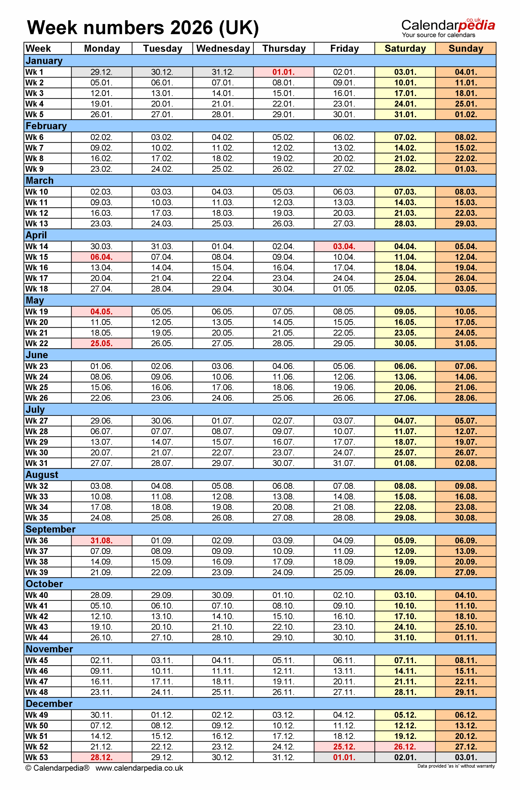 Alle Kalenderwochen 2026 Printable Yearly Calendar 2026 Full Year At A Glance