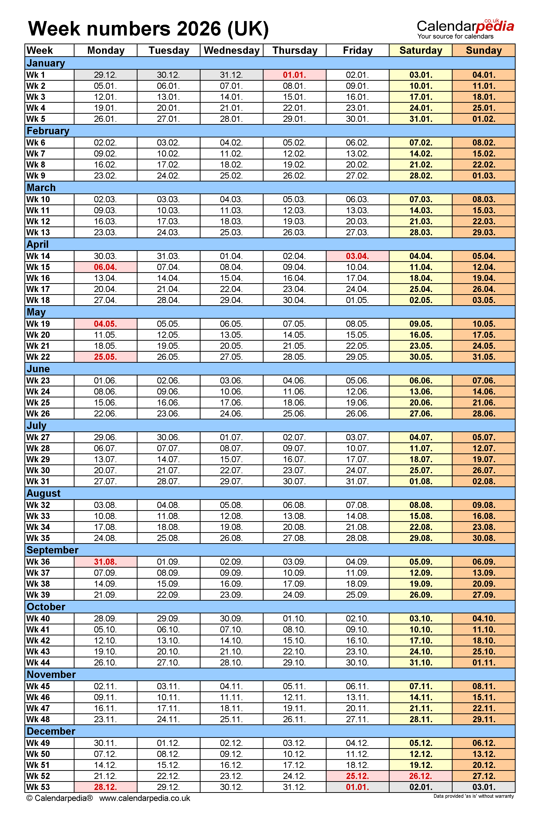  Week numbers 2026 with PDF, Excel and Word templates 