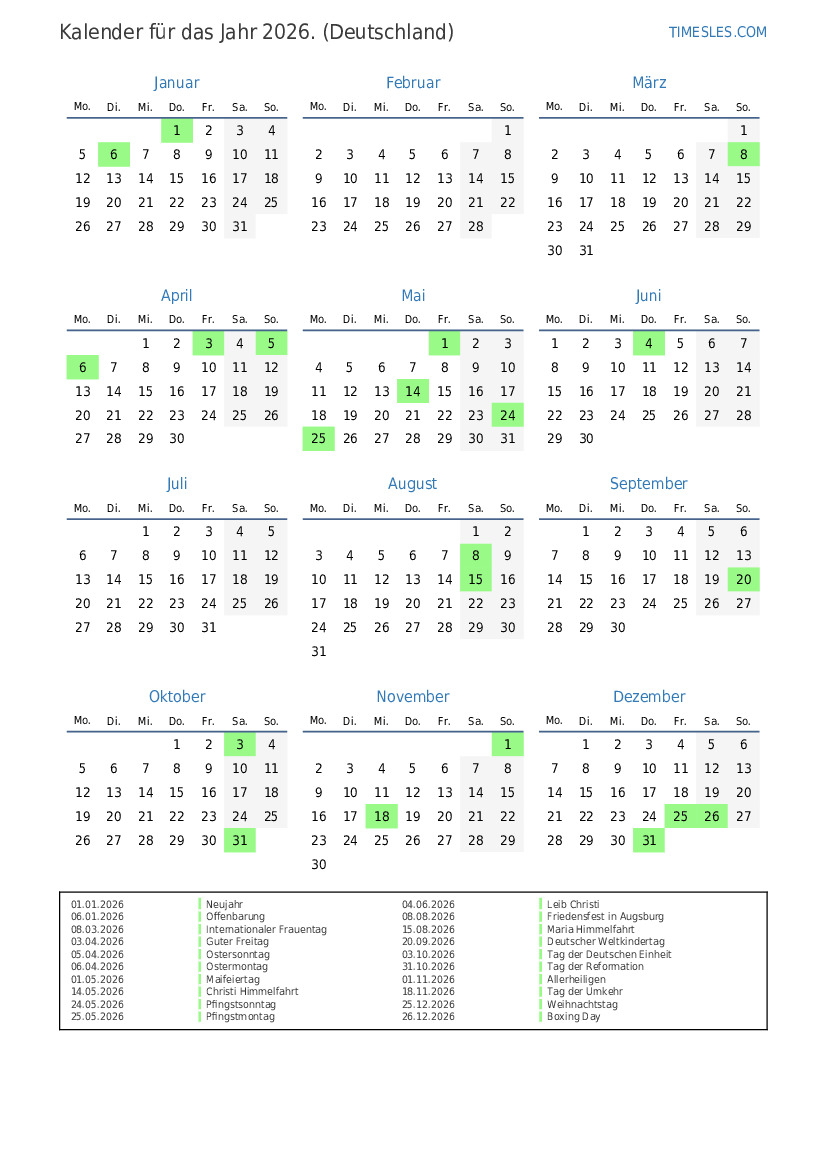  Foto zu Kalender für 2026 mit Feiertagen in Deutschland 