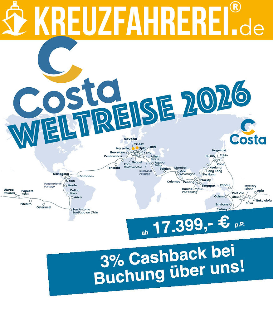  Costa Kreuzfahrten Weltreise 2026 ab jetzt buchbar mit 3% Cashback Motiv 