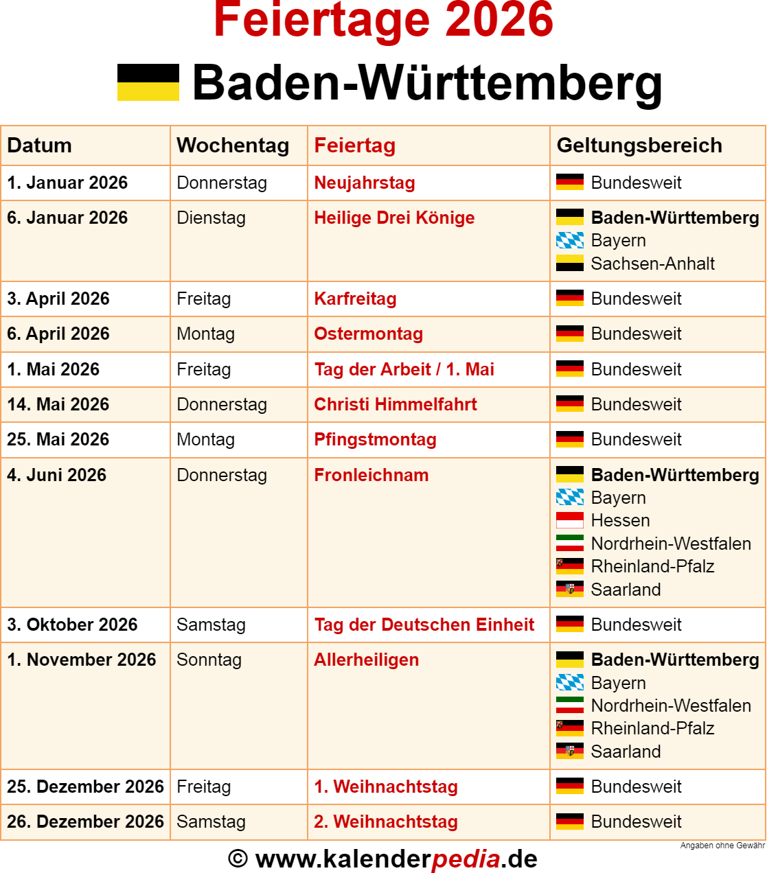 Feiertage Baden-Württemberg 2026 - Kalenderpedia Bildidee 