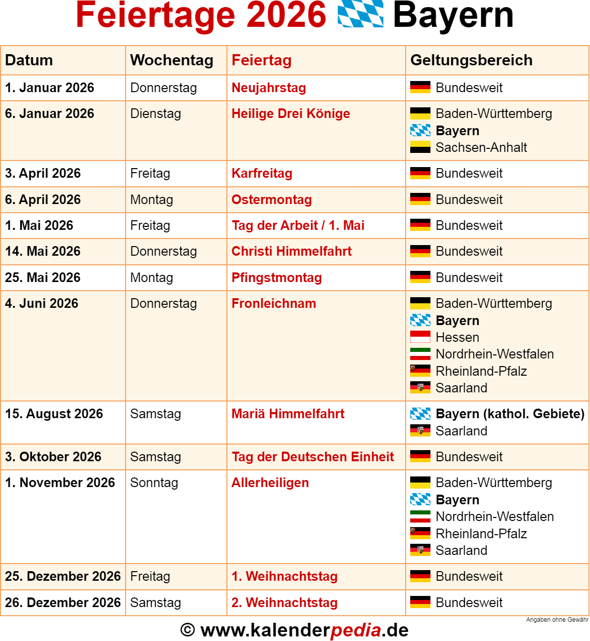  Feiertage Bayern 2026 - Kalenderpedia 