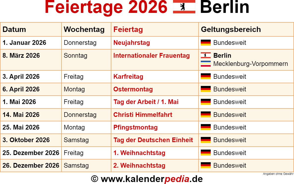  Foto zu Feiertage Berlin 2026 - Kalenderpedia 