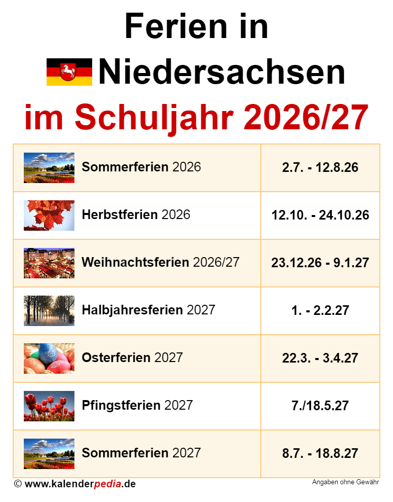  Ferien in Niedersachsen im Schuljahr 2026/27 Bildidee 