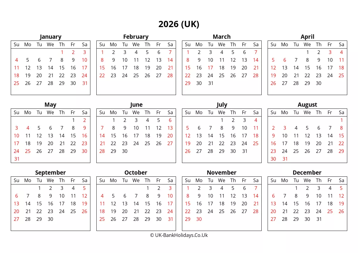  2026 UK Calendar Printable in Word, PDF, Excel Motiv 