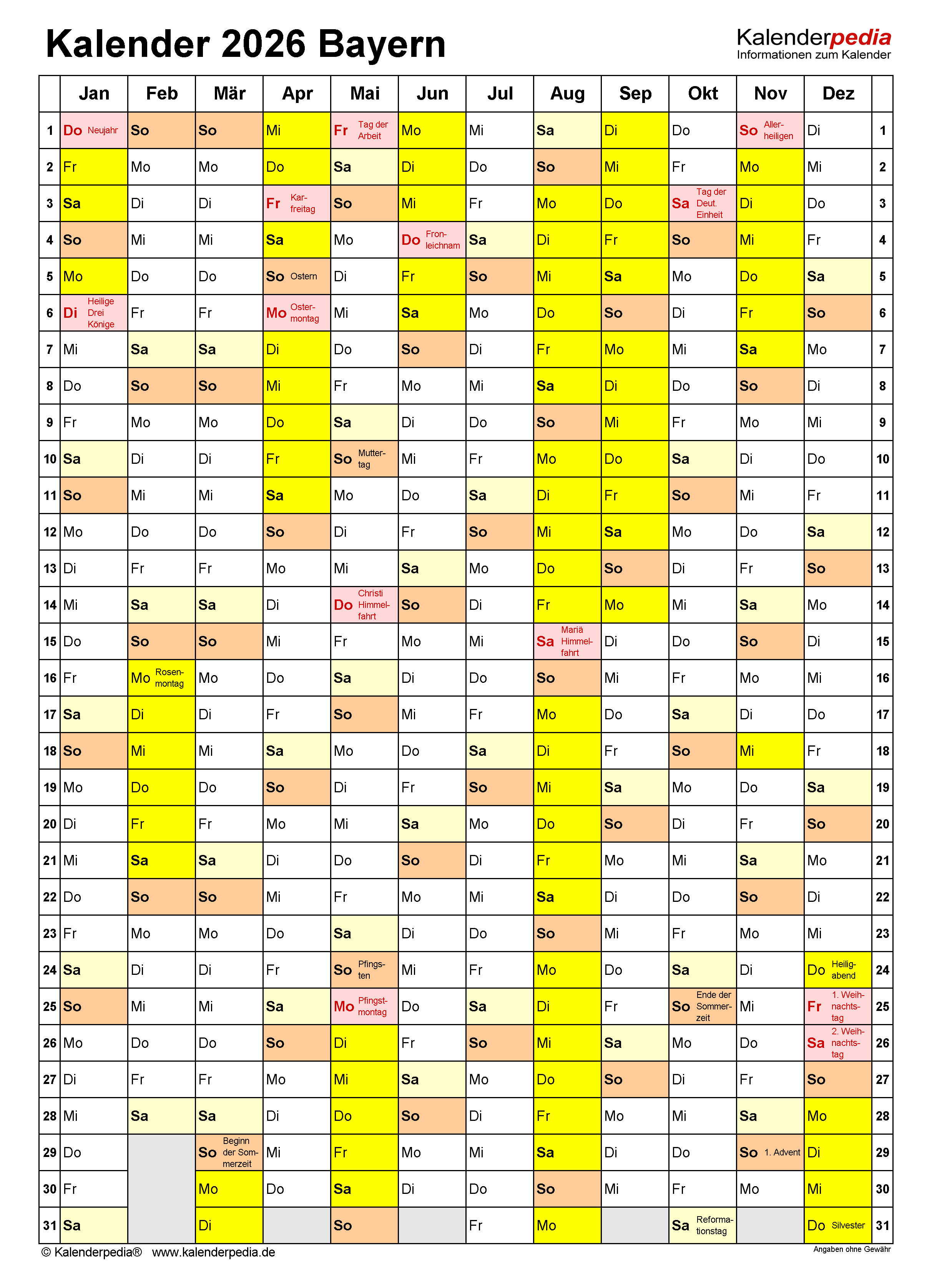  Kalender 2026 Bayern: Ferien, Feiertage, Excel-Vorlagen Illustration 